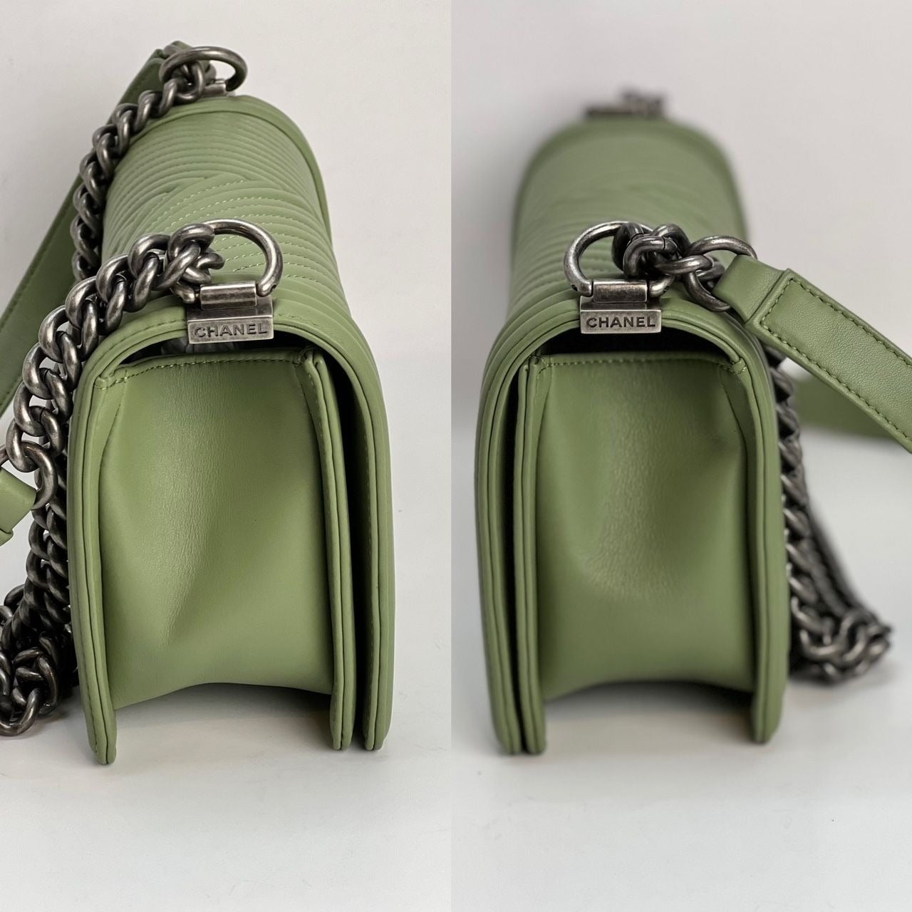 Chanel Calfskin Chevron Quilted Medium Boy Flap Light Green Bag - 16