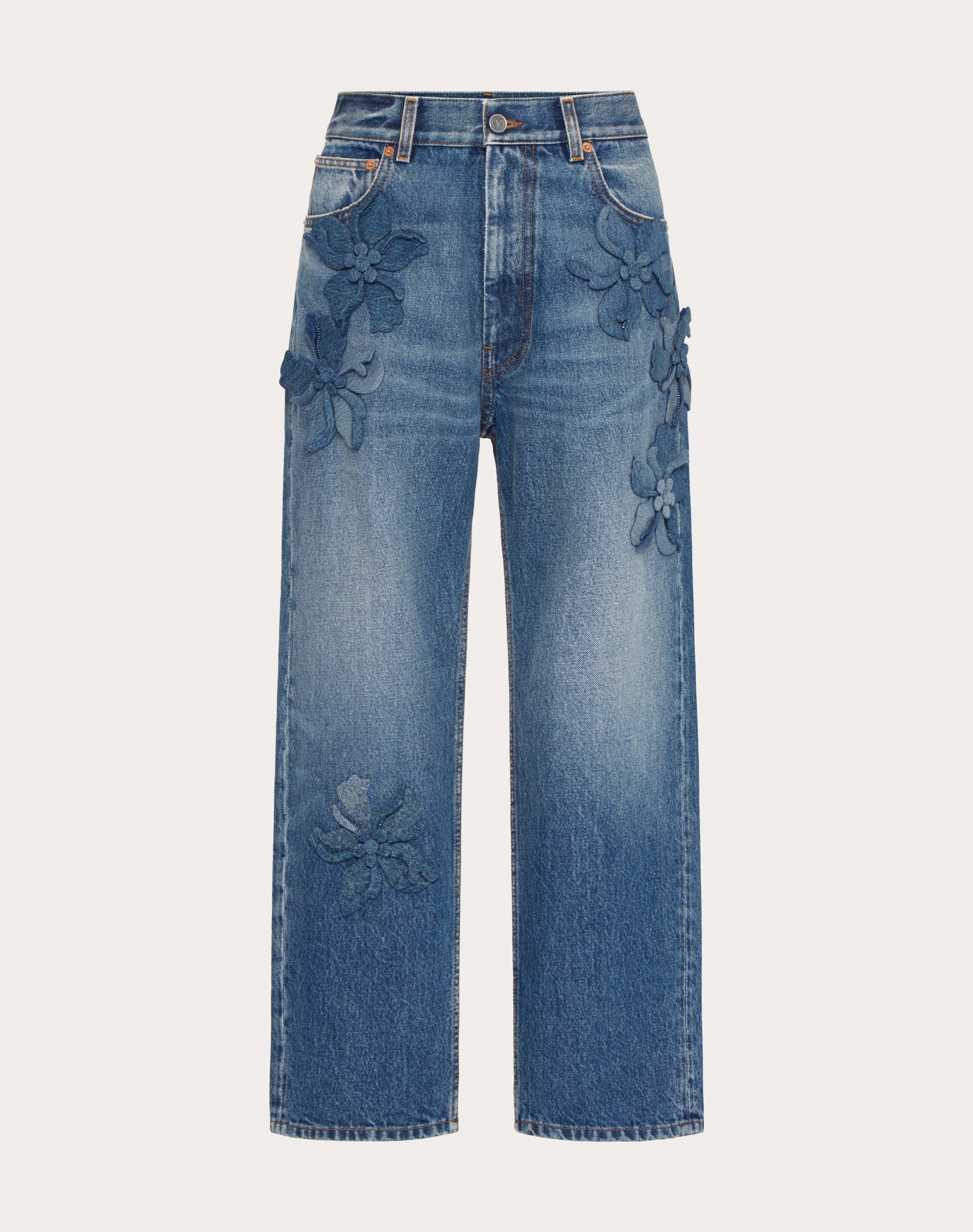 EMBROIDERED MEDIUM BLUE DENIM PANTS - 1