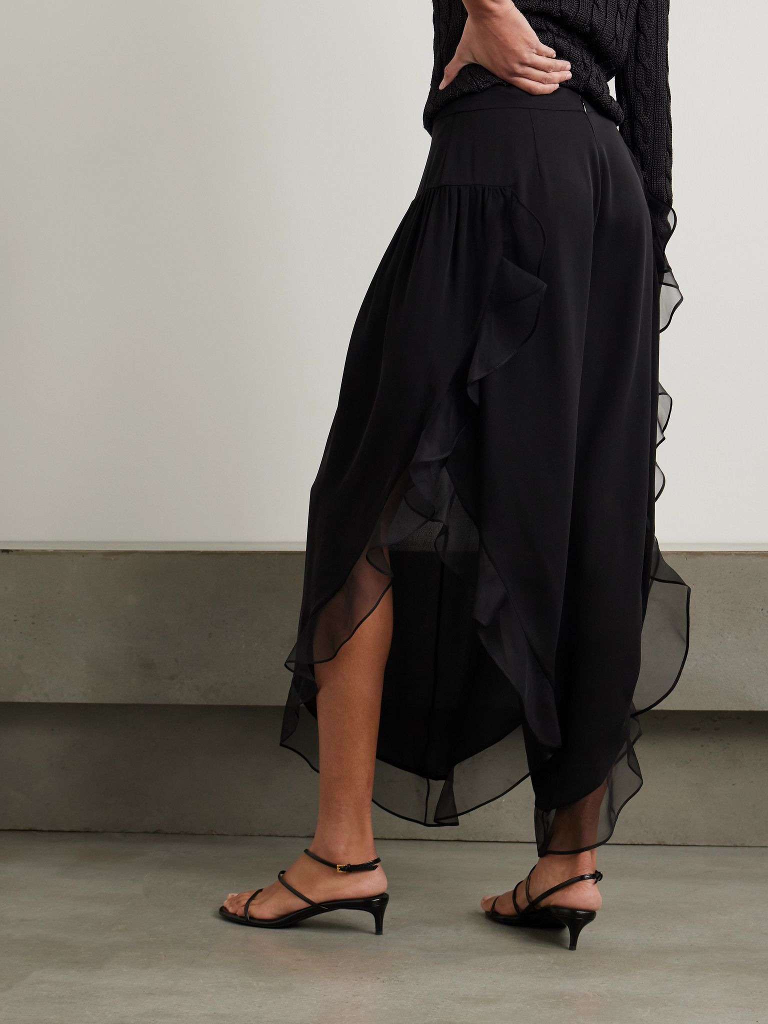 Asymmetric ruffled silk-chiffon wide-leg pants Black - 4