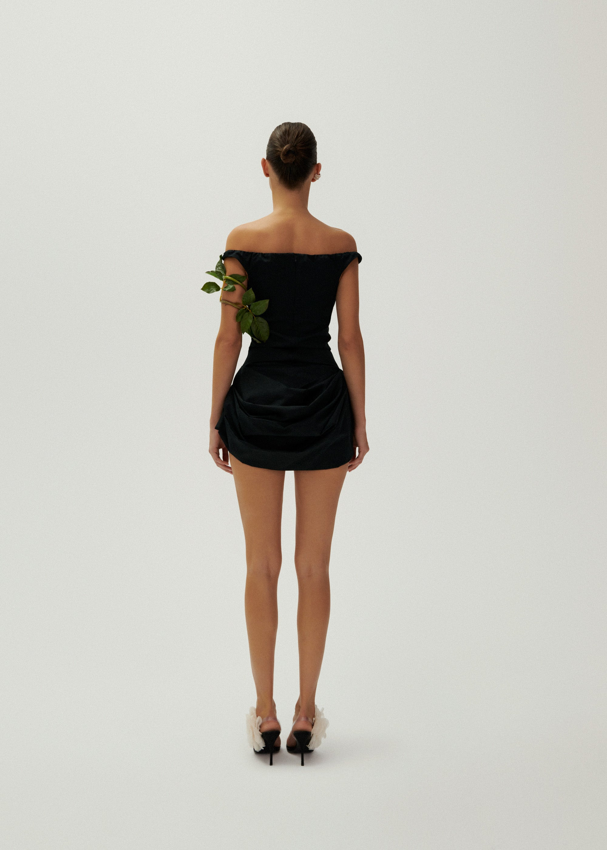 Off shoulder draped cotton mini dress in black - 4