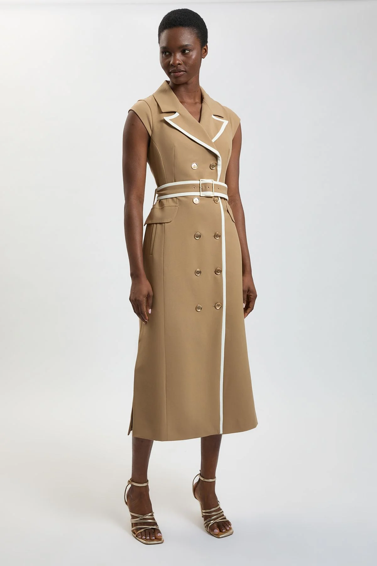 Petite Double Breasted Belted Tipped Tailored Midi Dress - 1