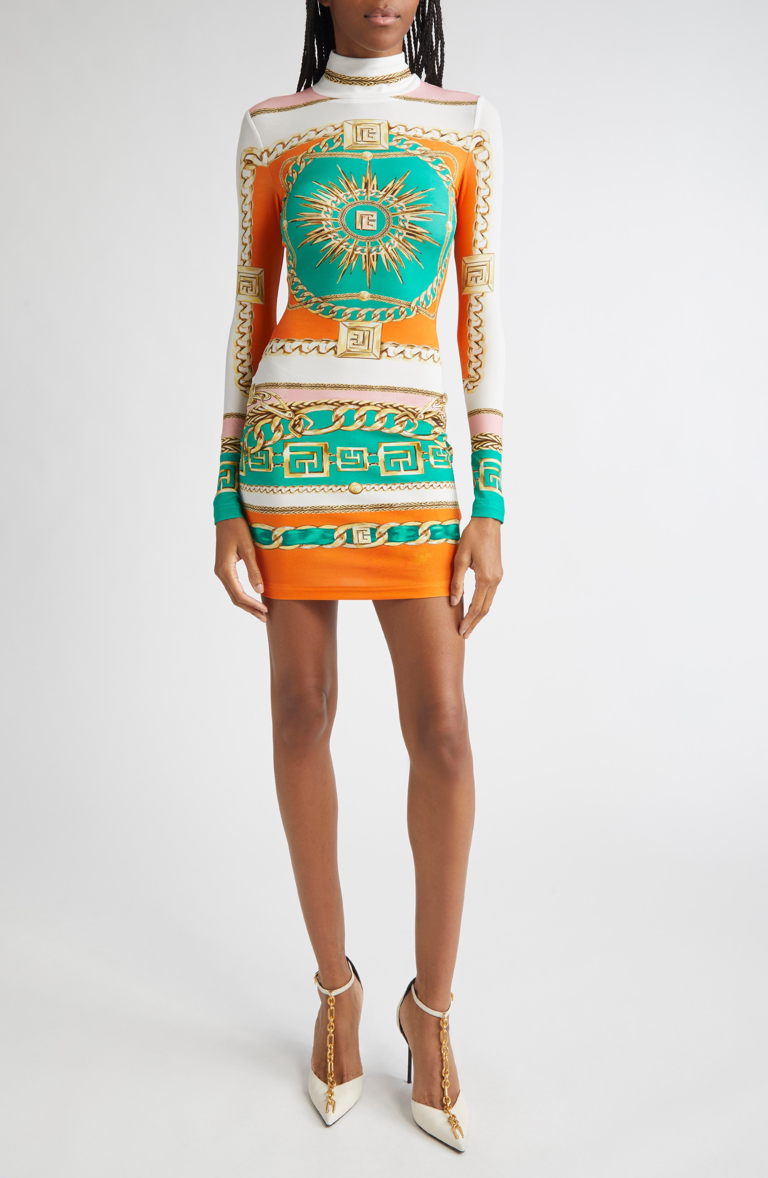 Balmain Foulard Print Long Sleeve Body-Con Minidress in Aaa Multi at Nordstrom - 1