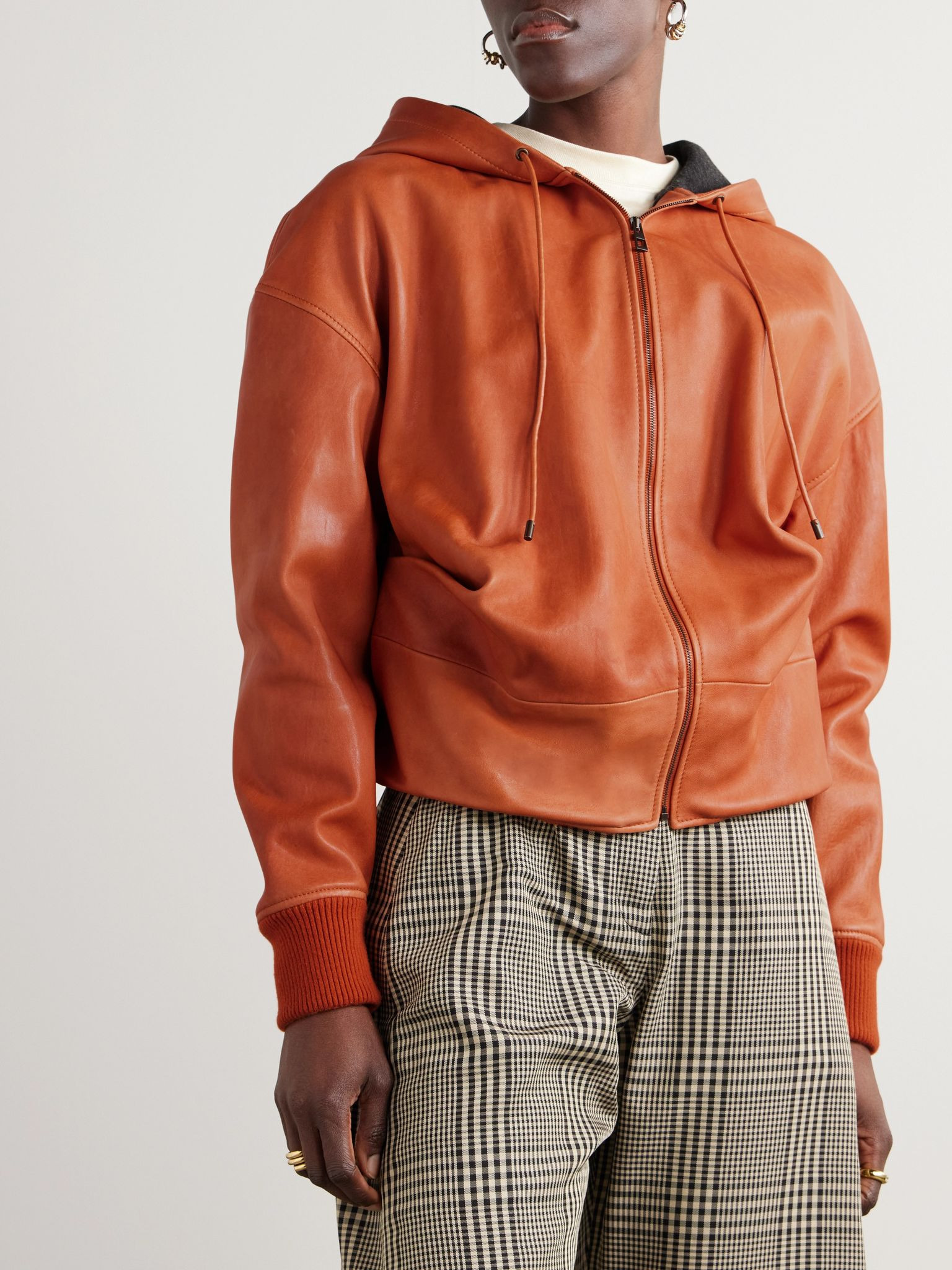 Hooded draped leather jacket Orange - 3