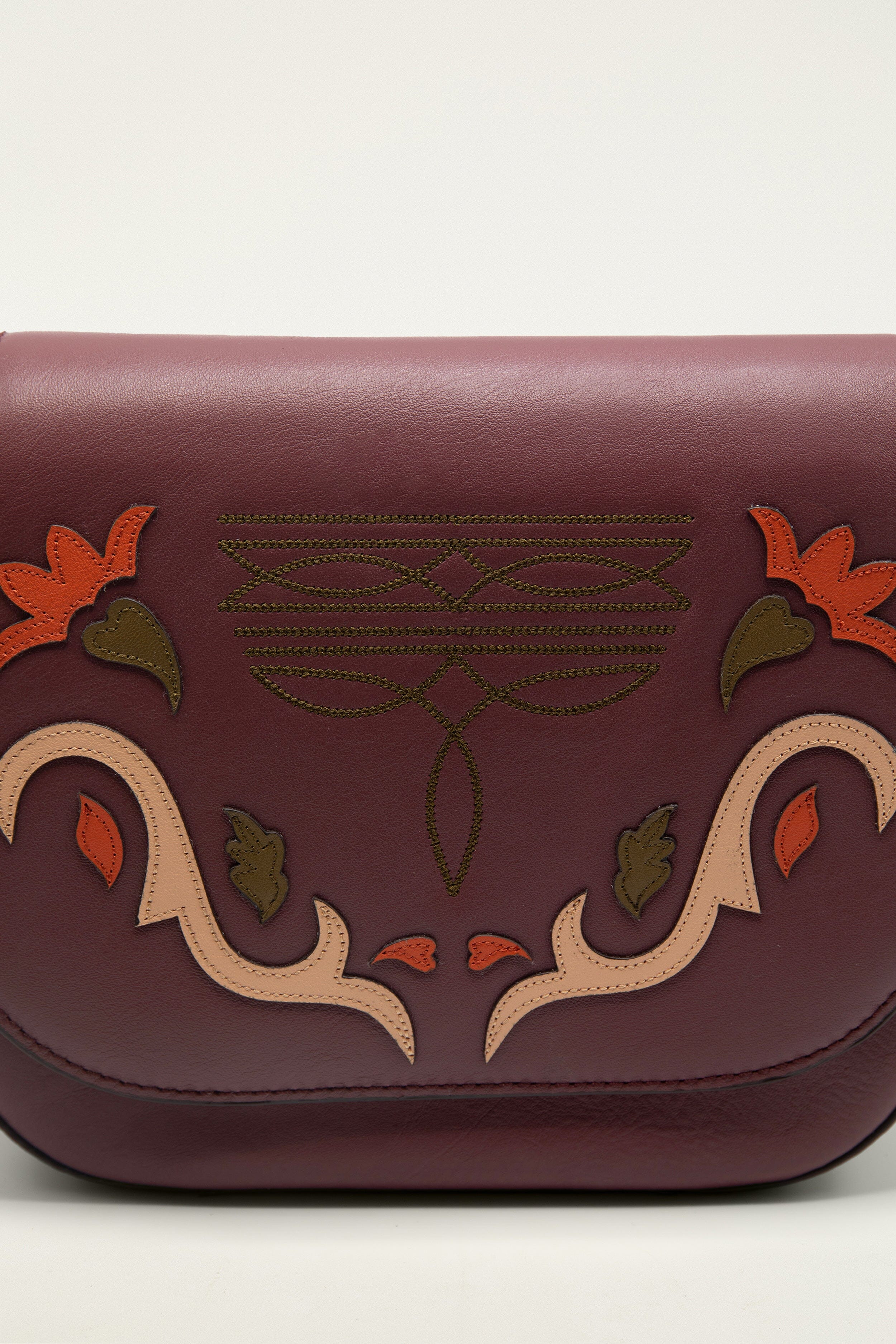 Burgundy Western Embroidered Leather Crossbody Bag - 4