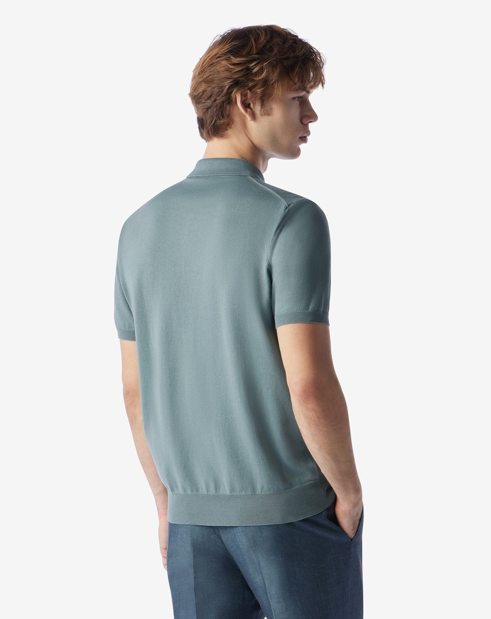 Blue green zip-up Pima cotton polo shirt - 3