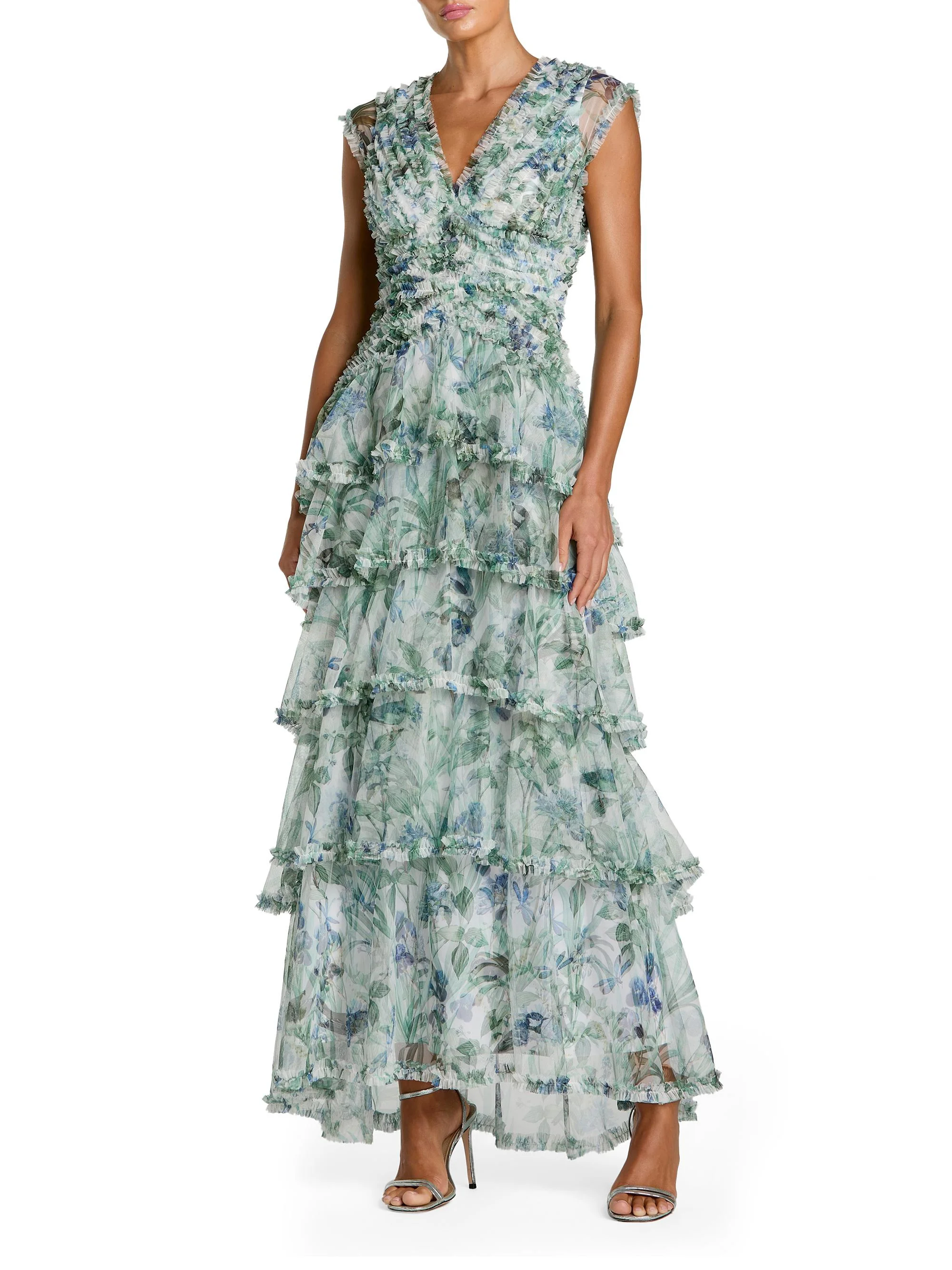Women's Floral Mesh Ruffled V-Neck Maxi Dress - Blue Multi - 1