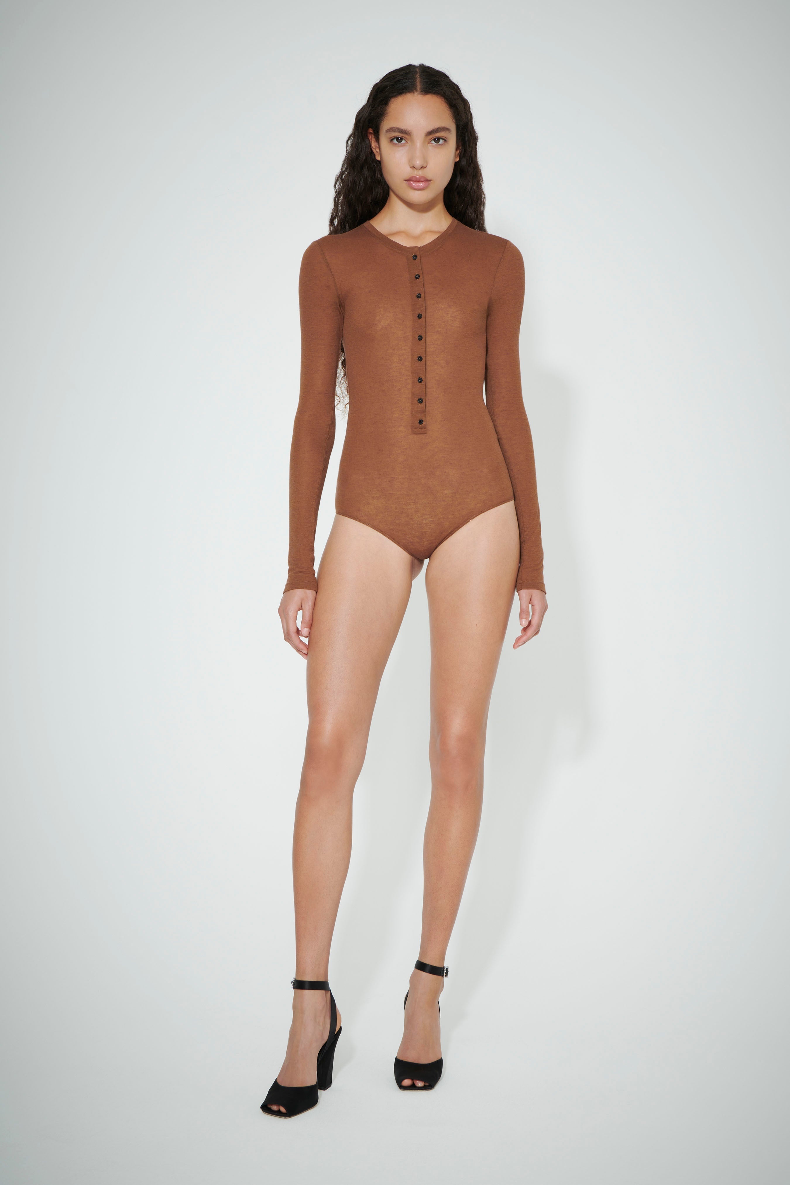 Button Down Bodysuit in Brown - 3