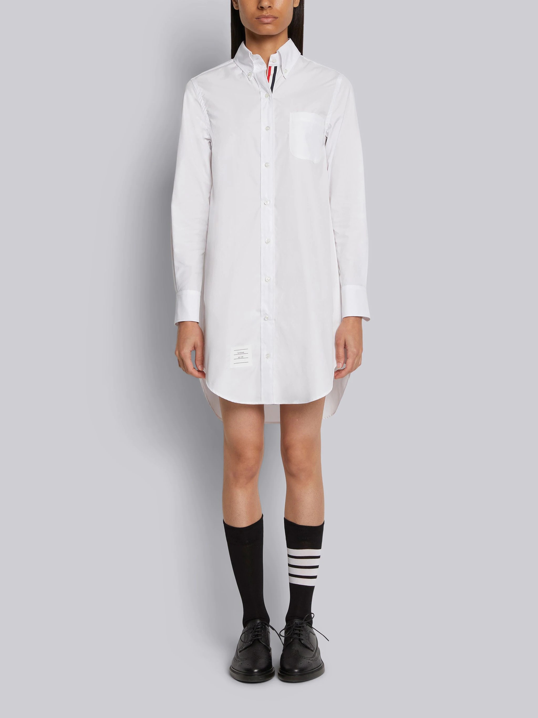 White Solid Poplin Stripe Grosgrain Placket Thigh Length Point Collar Shirtdress - 1