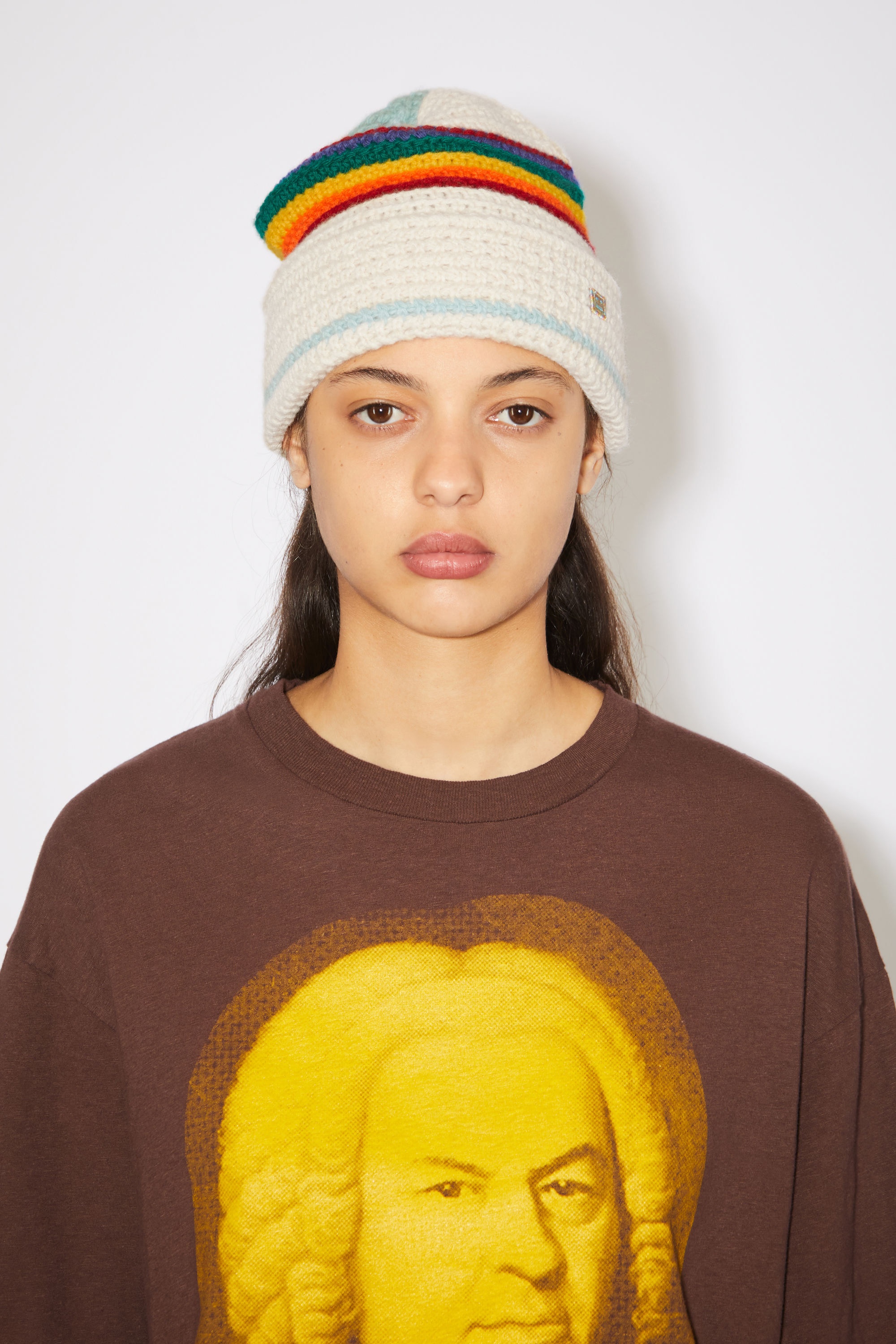 Rainbow crochet knit beanie - Cold purple/oatmeal melange - 2