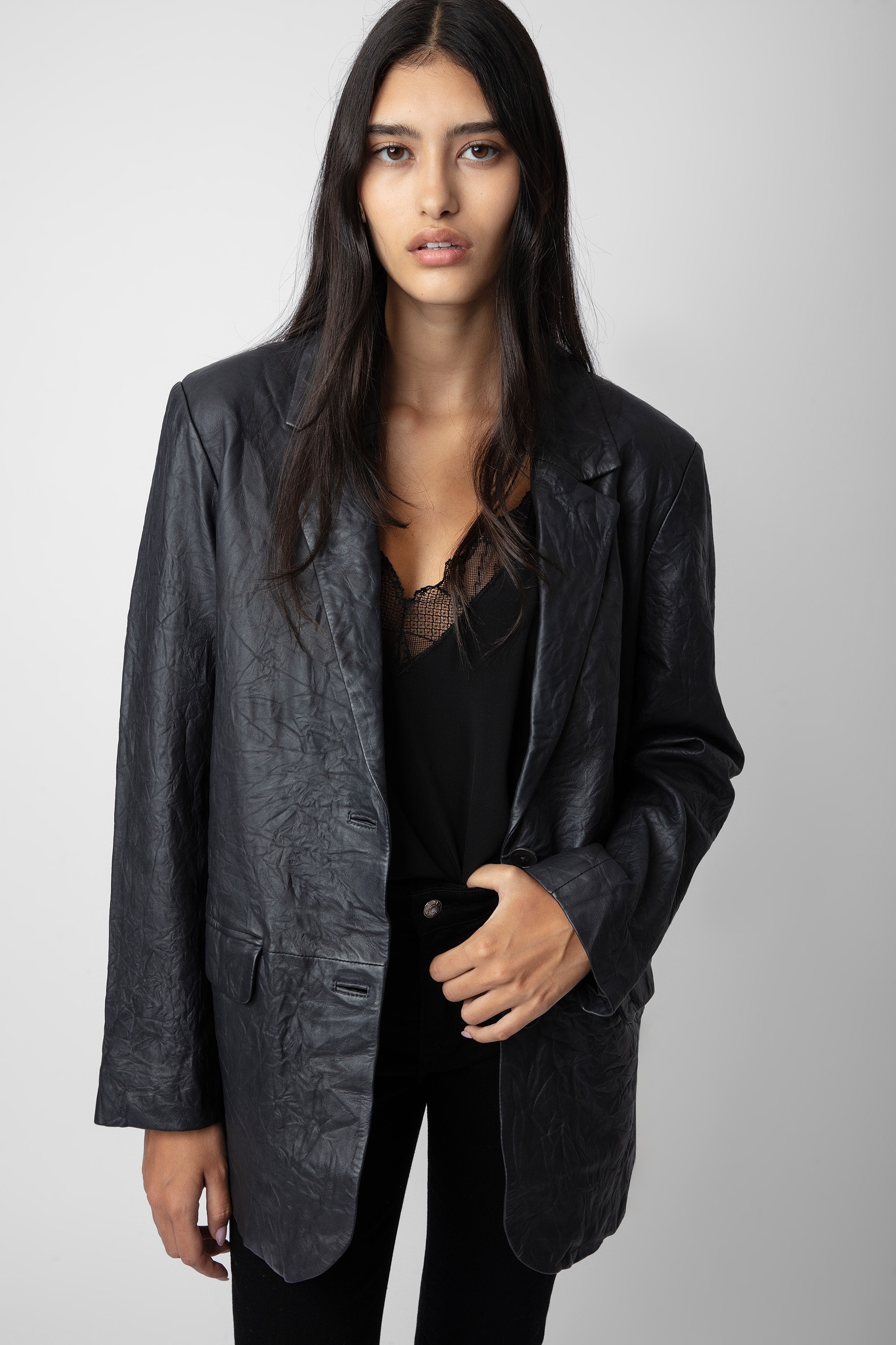 Venturi Crinkled Leather Blazer - 4
