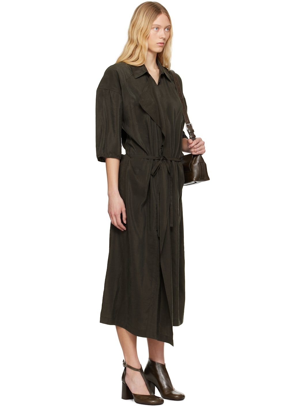 Brown Asymmetrical Shirt Midi Dress - 2
