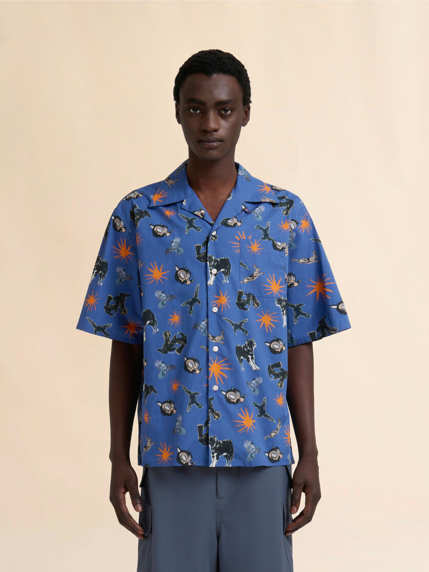 BLUE POPLIN BOWLING SHIRT WITH WOLVES, RAVENS AND DOVES PRINT - 2