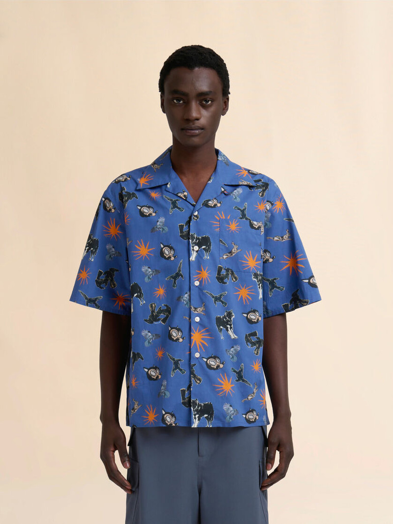 Marni BLUE POPLIN BOWLING SHIRT WITH WOLVES, RAVENS AND DOVES PRINT outlook