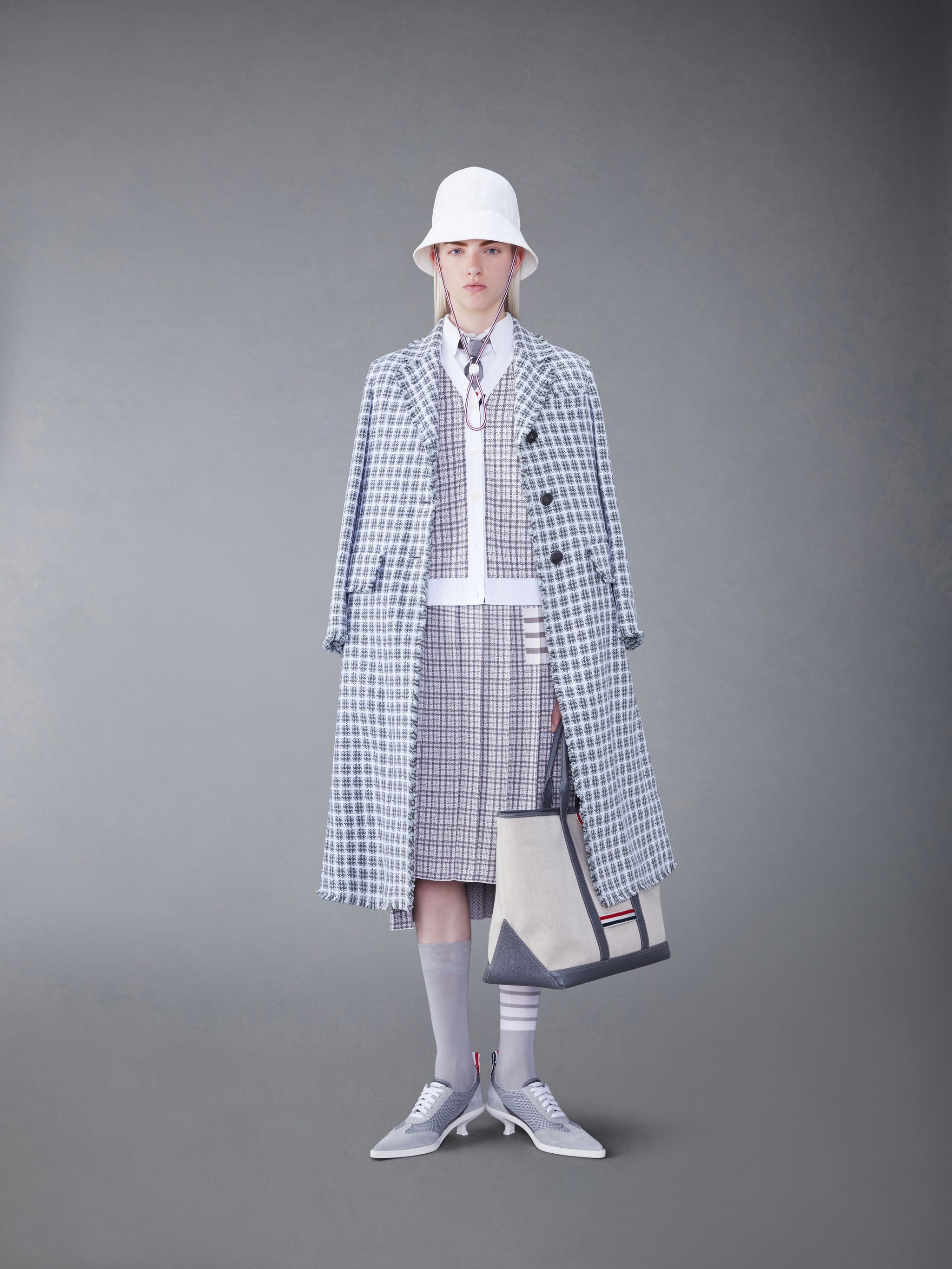 Check Summer Tweed Fray Wide Lapel Overcoat - 3