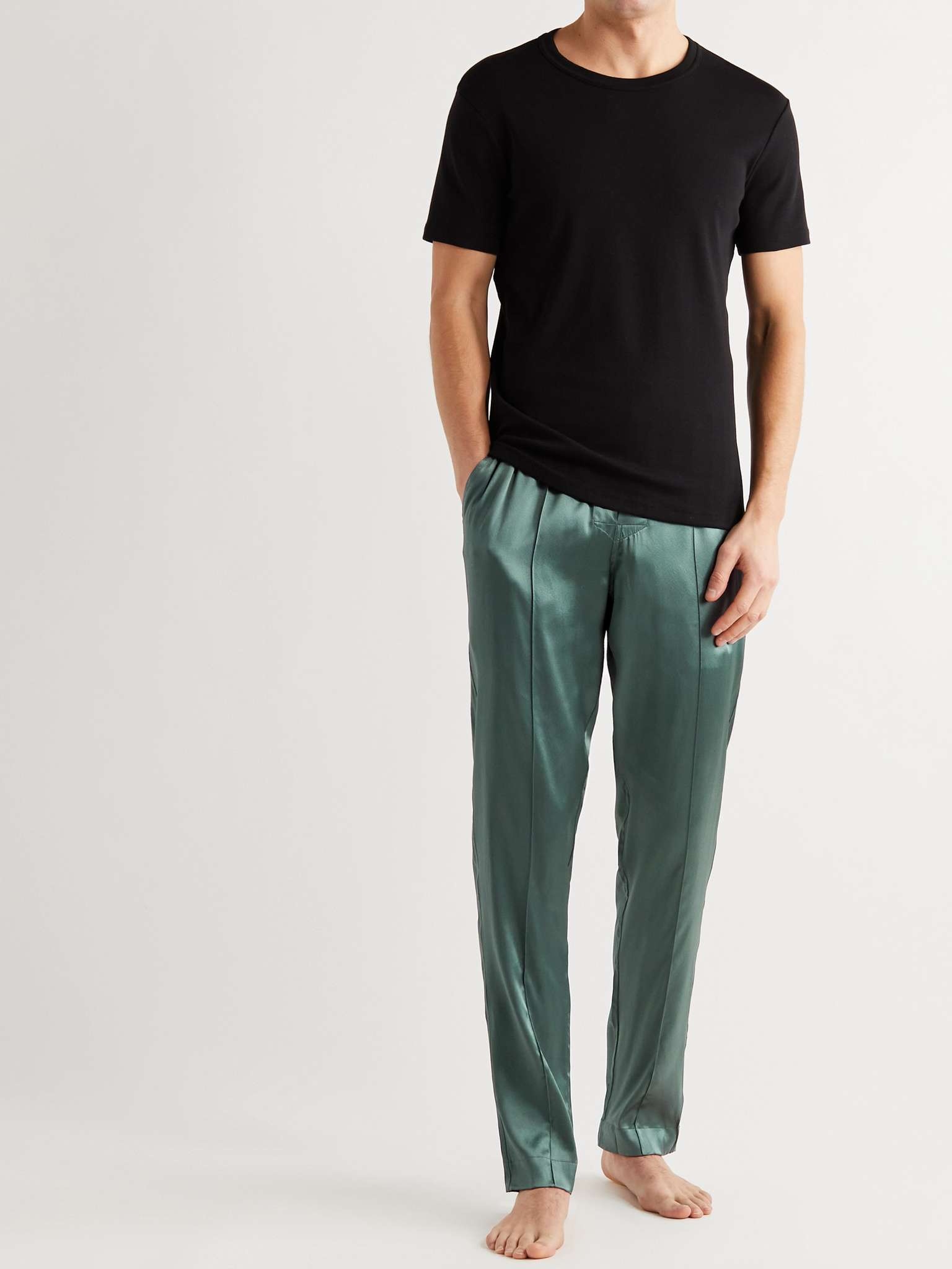 Velvet-Trimmed Stretch-Silk Satin Pyjama Trousers - 2