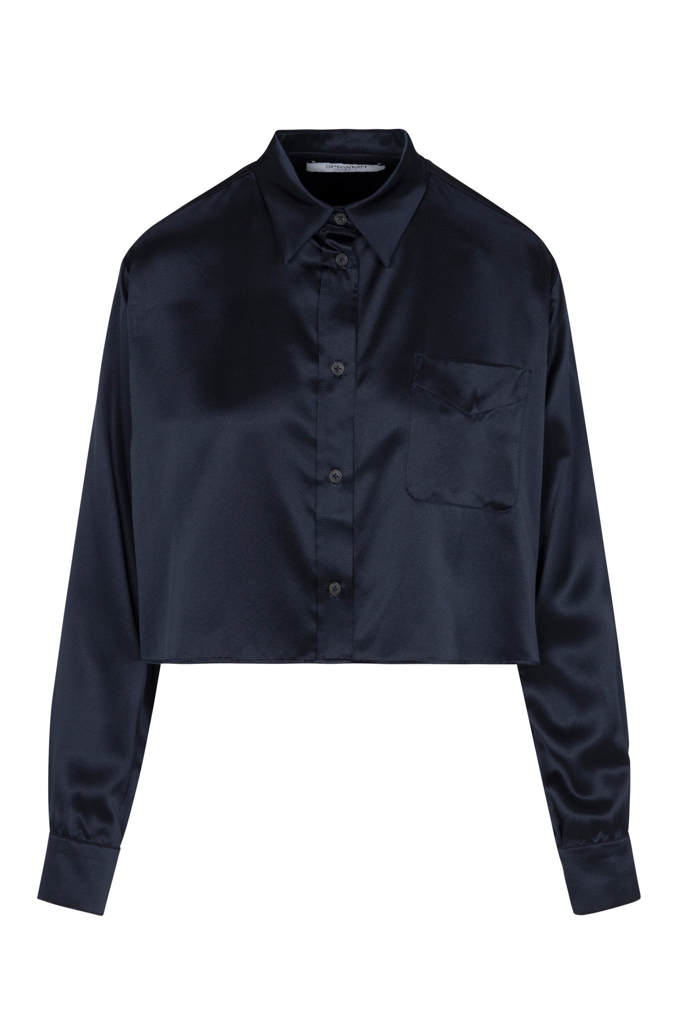 NAVY SILK CROPPED BUTTON DOWN - 6