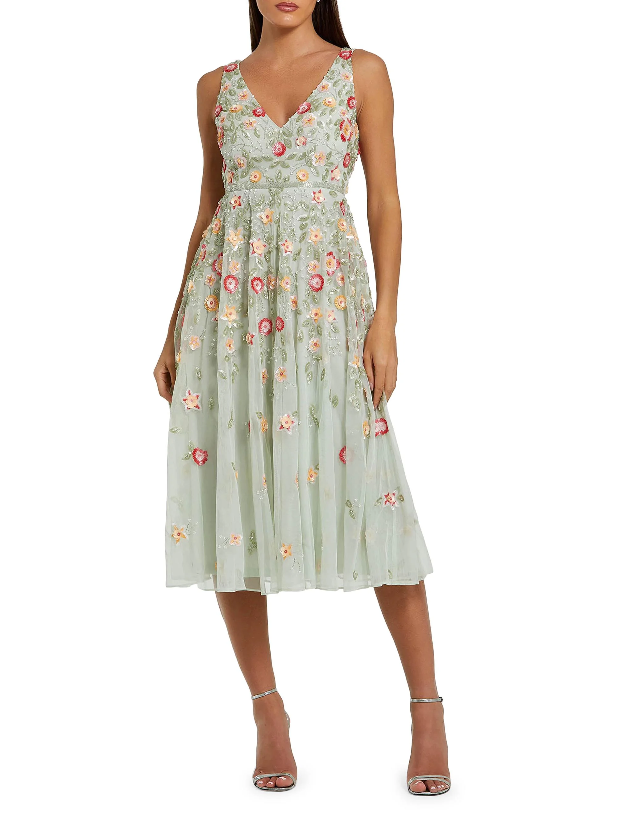 Women's Cocktail Floral Embroidered V-Neck Midi-Dress - Sage Multi - 1