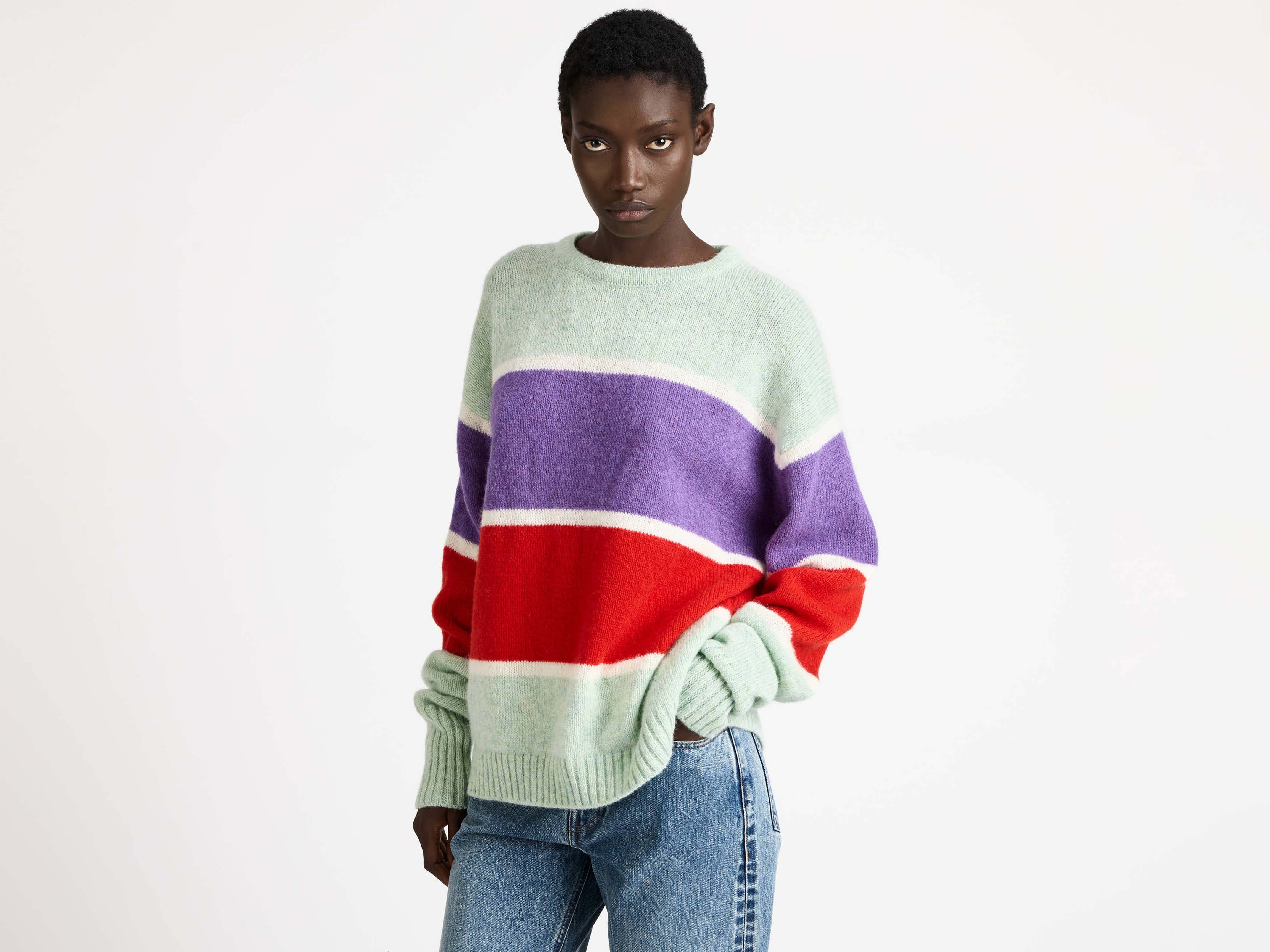 CONTRAST STRIPED CREW NECK JUMPER IN MINT - 4