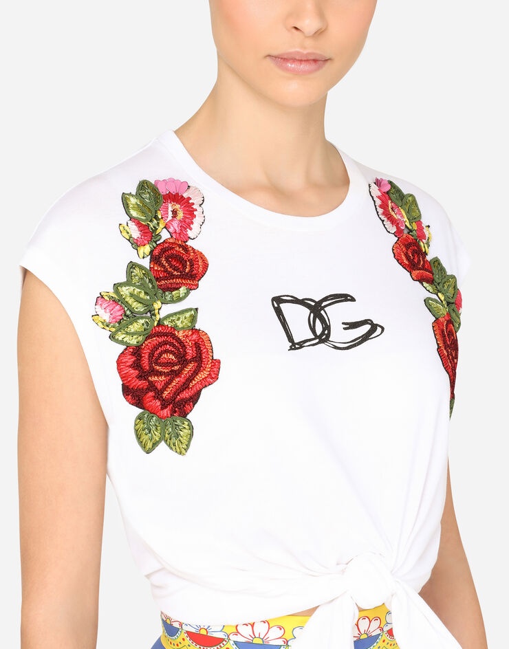 Jersey T-shirt with tie hem and raffia embroidery - 4