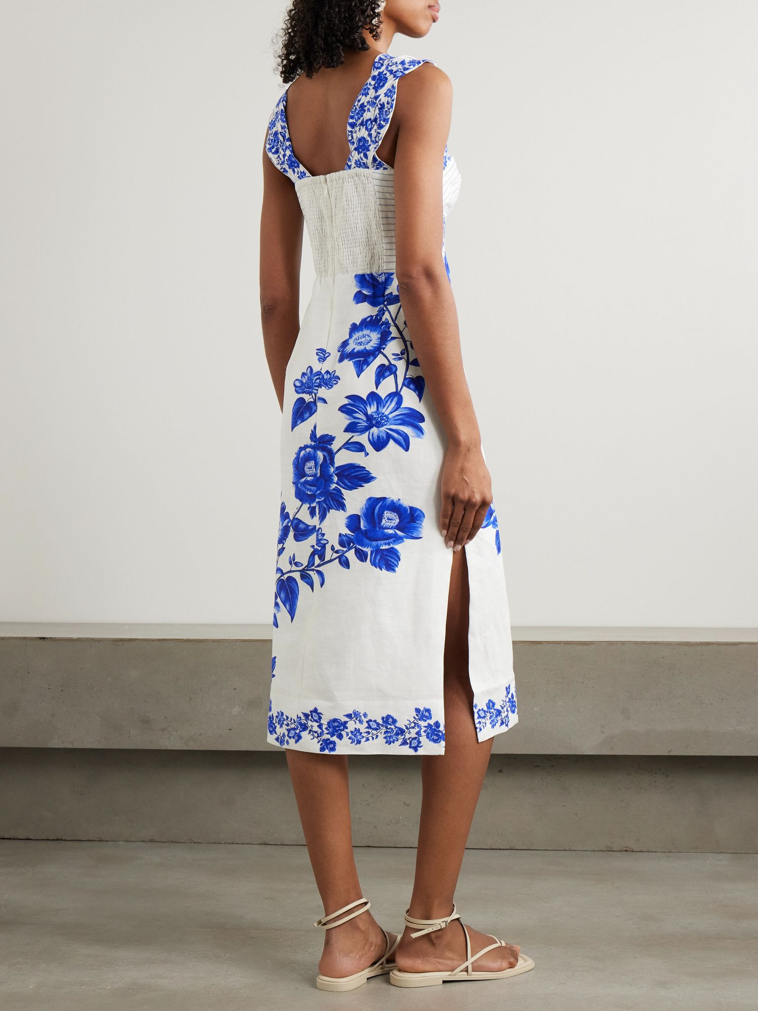 Cascade shirred printed linen midi dress Blue - 3