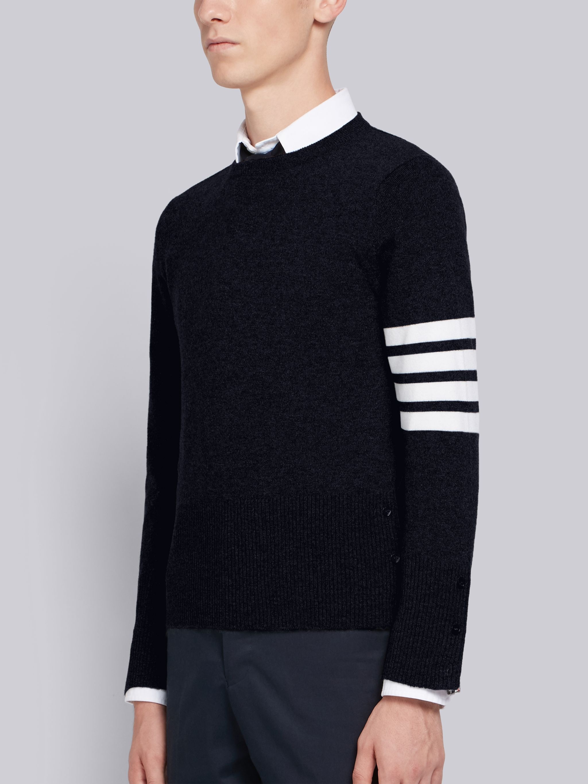 Navy Shetland Cashmere 4-Bar Crew Neck Jumper - 2