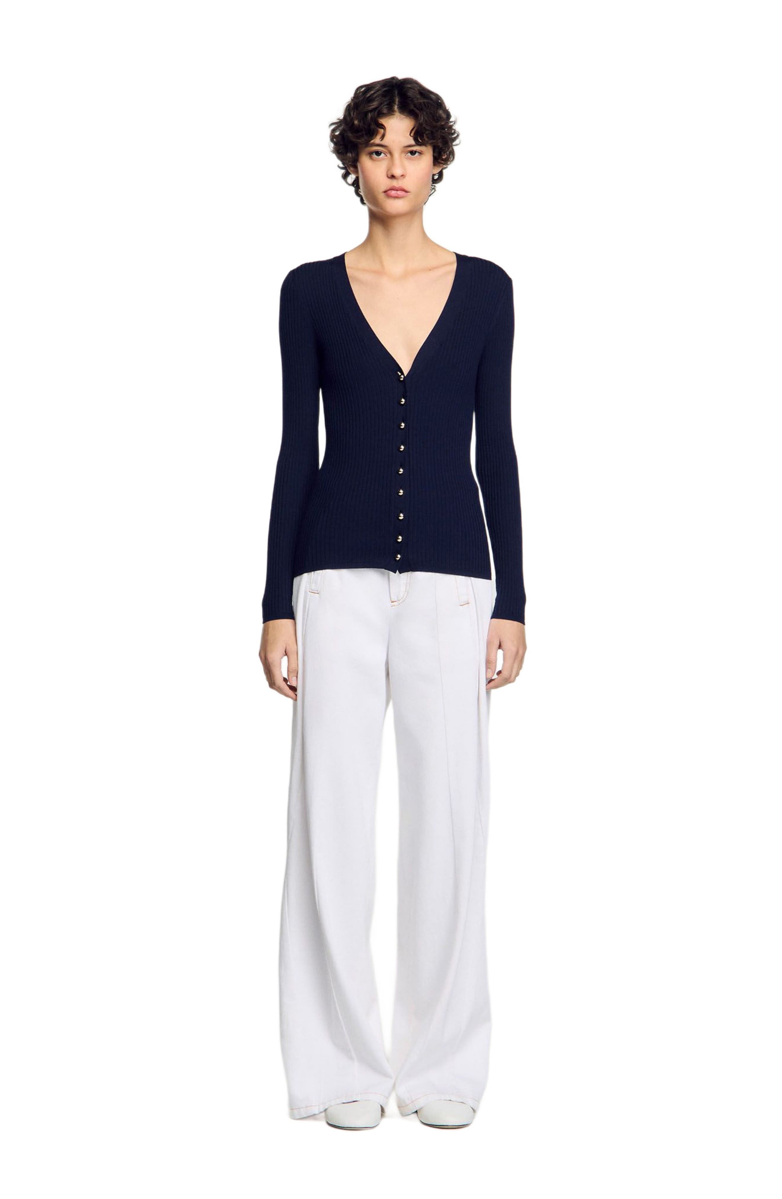 SANDRO Rib knit cardigan in Navy Blue at Nordstrom - 1
