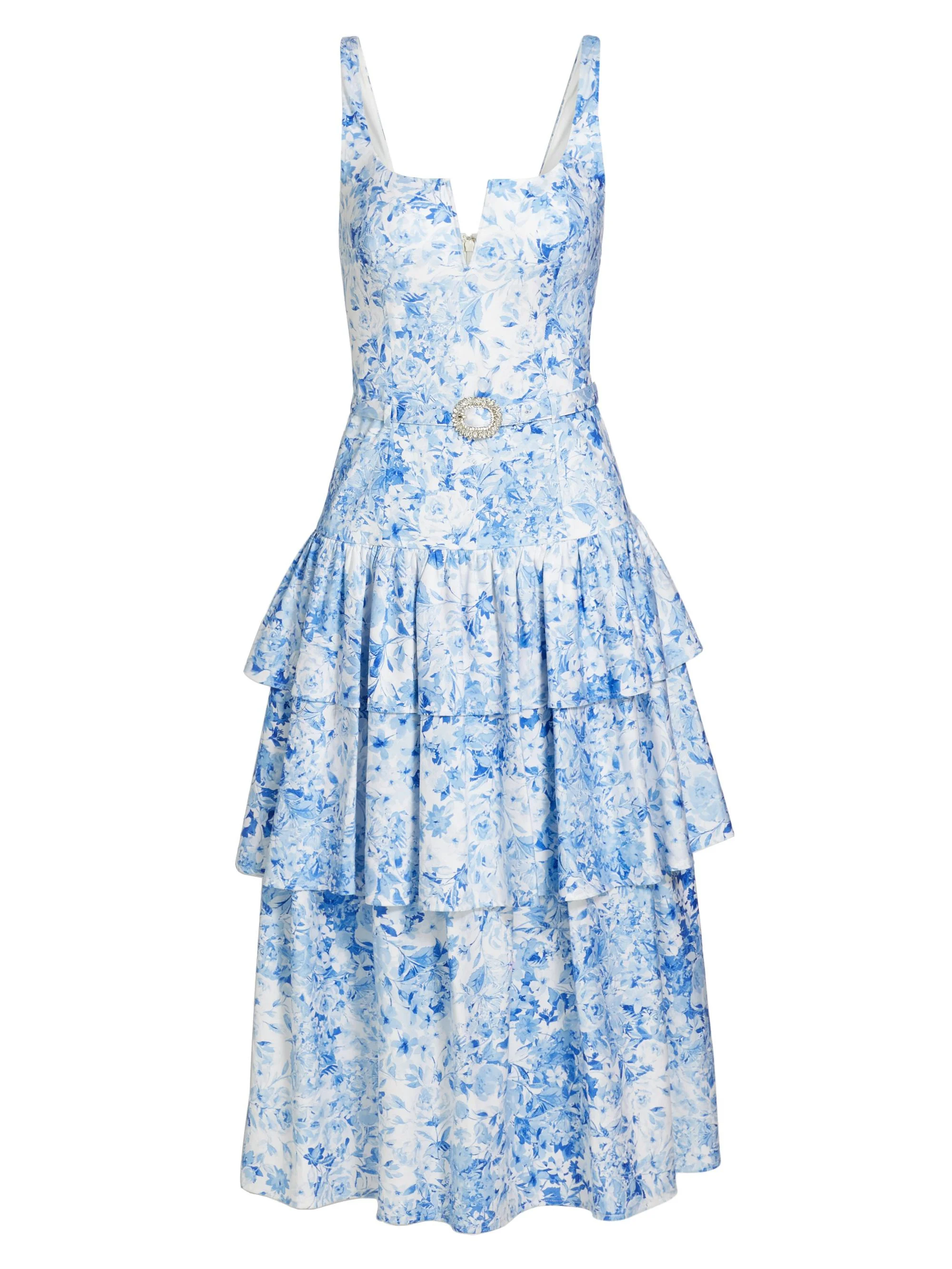 Women's Celeste Floral Cotton Poplin Midi-Dress - Zesty Floral White Blue - 1