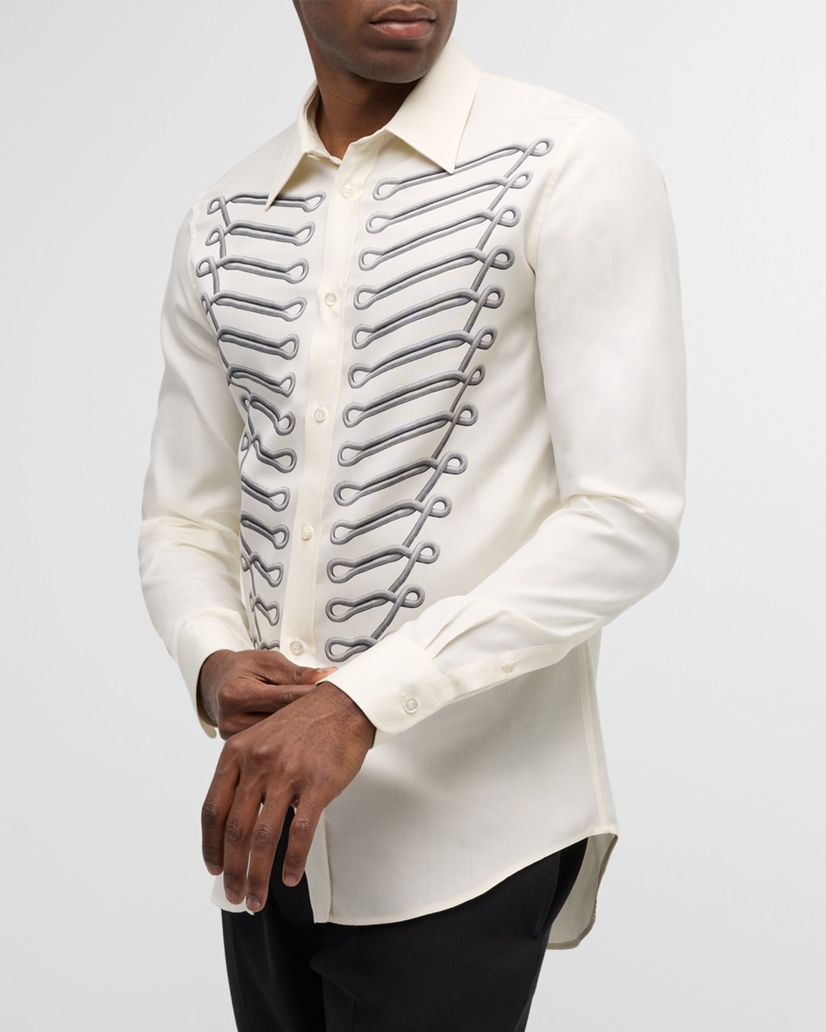 Men's Military Braiding-Print Silk Sport Shirt - 6