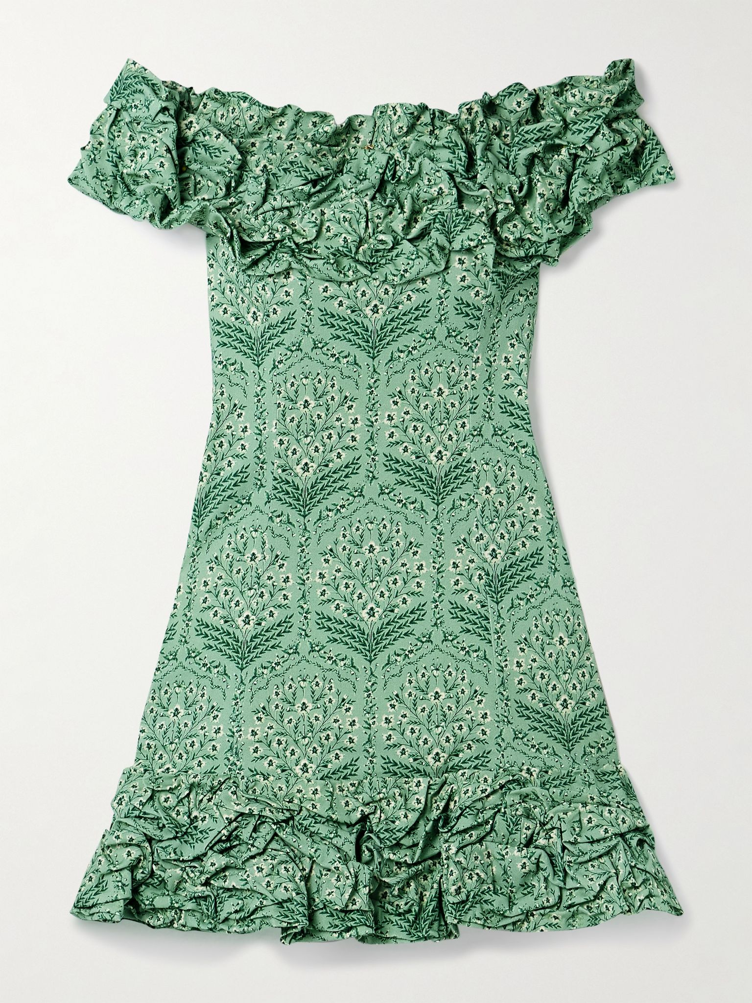 Jardín off-the-shoulder ruffled floral-print cotton-blend mini dress Sage green - 1