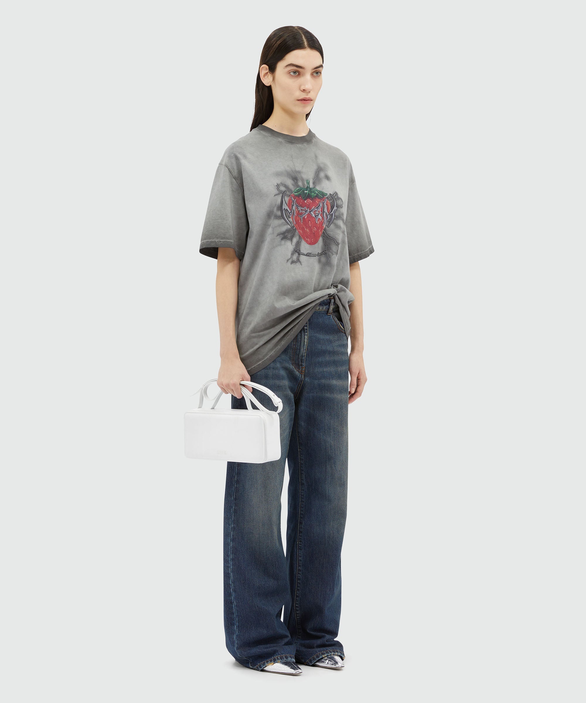 Wide-leg pre-washed effect dark blue denim pants - 4