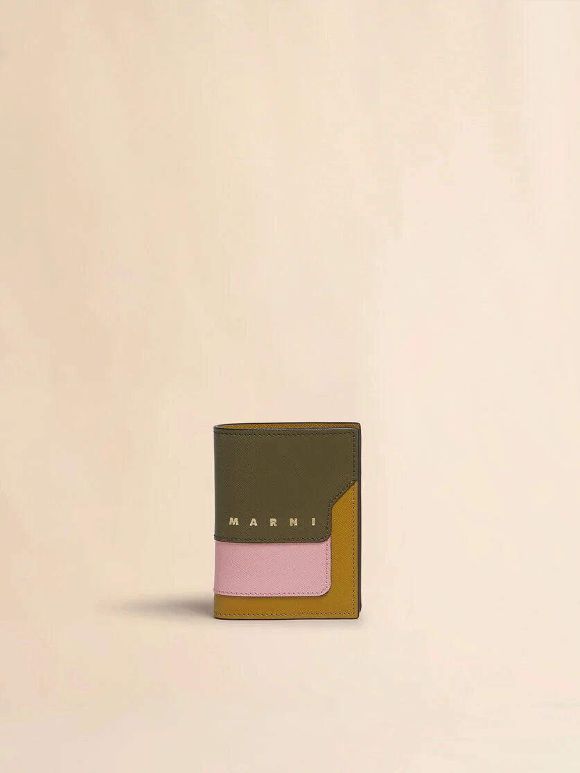 DEEP GREEN PINK AND MUSTARD SAFFIANO LEATHER BI-FOLD WALLET - 1