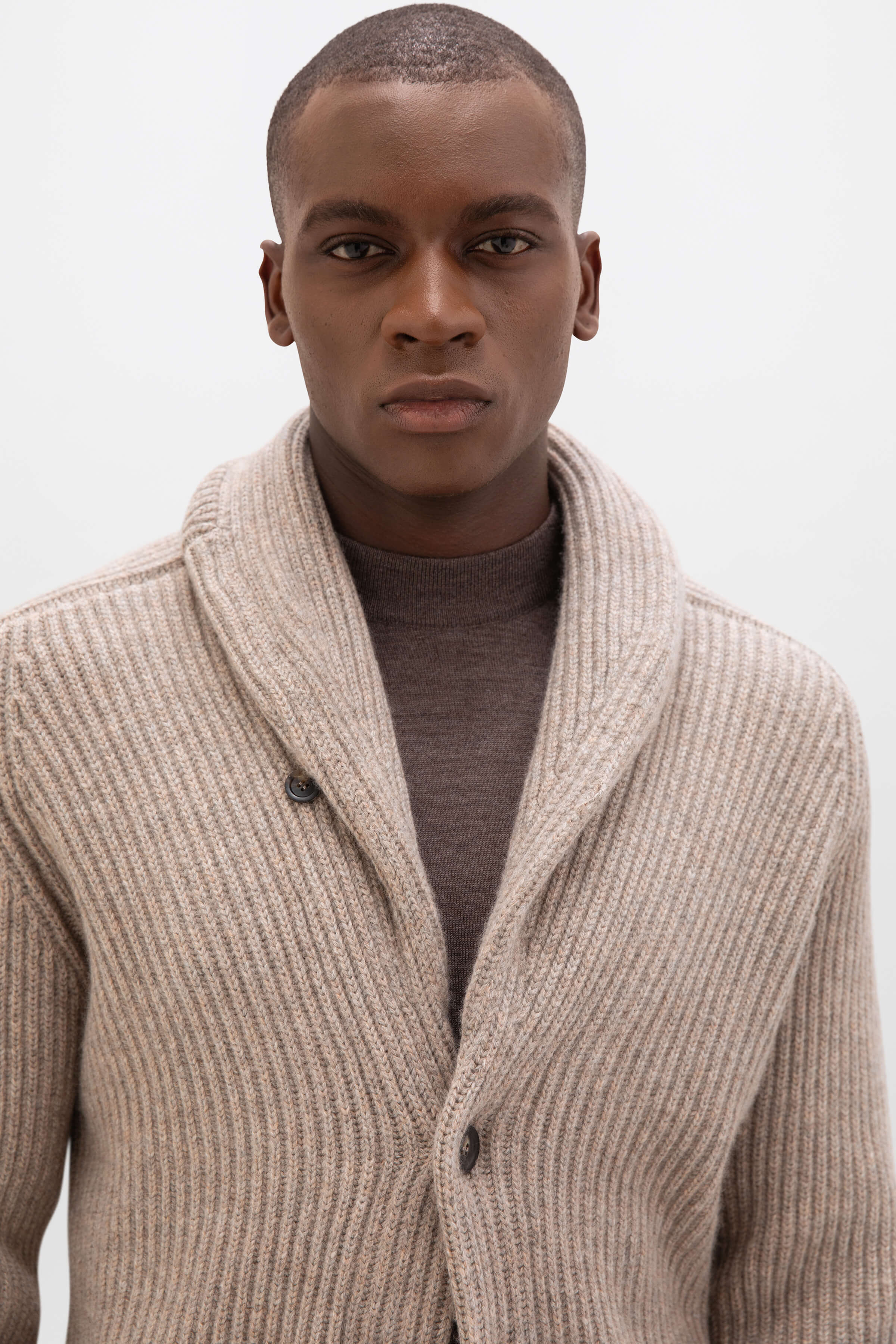 Ribbed Shawl Collar Cashmere Cardigan - 3