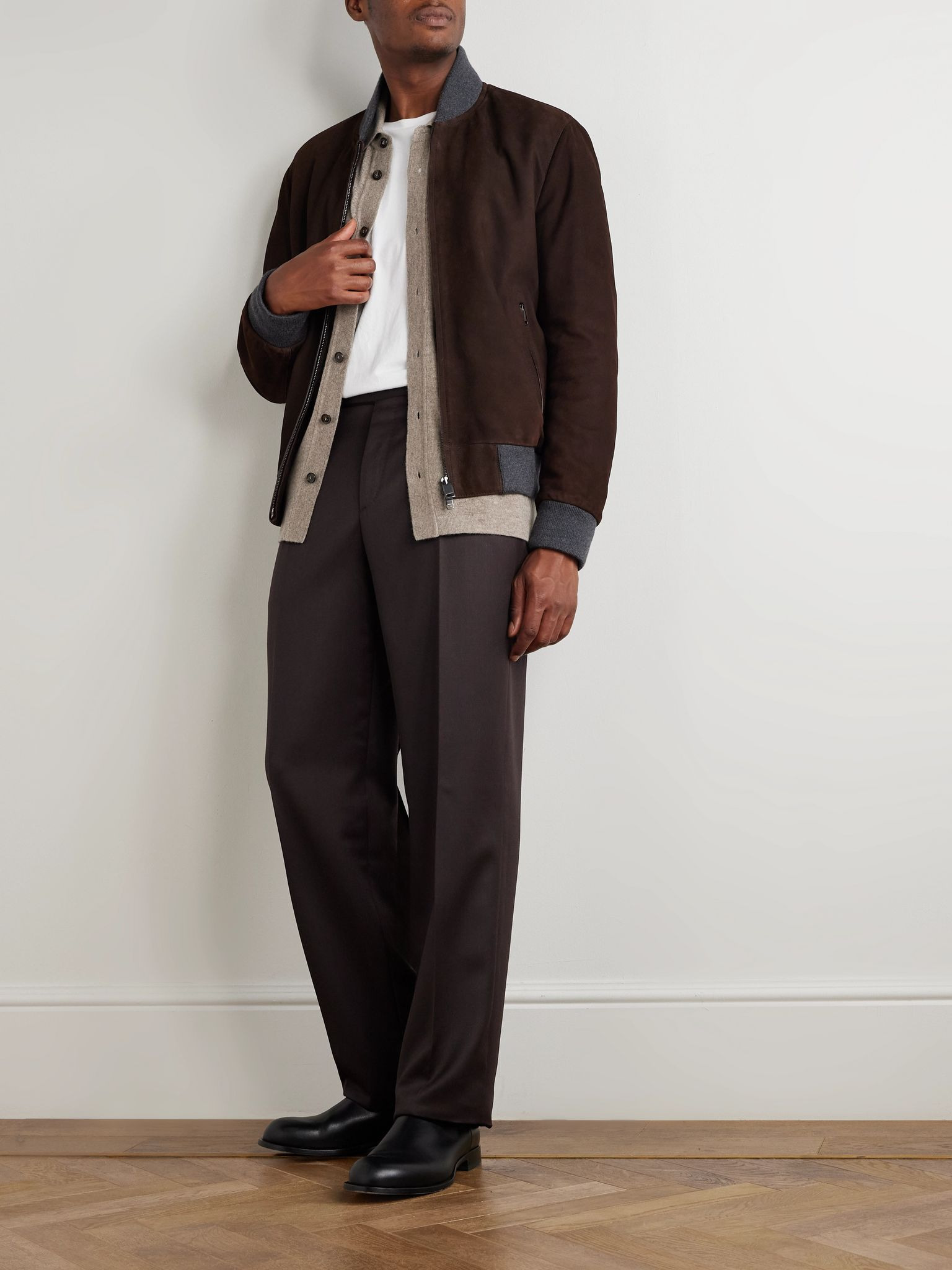 Wool-Trimmed Suede Bomber Jacket Brown - 2
