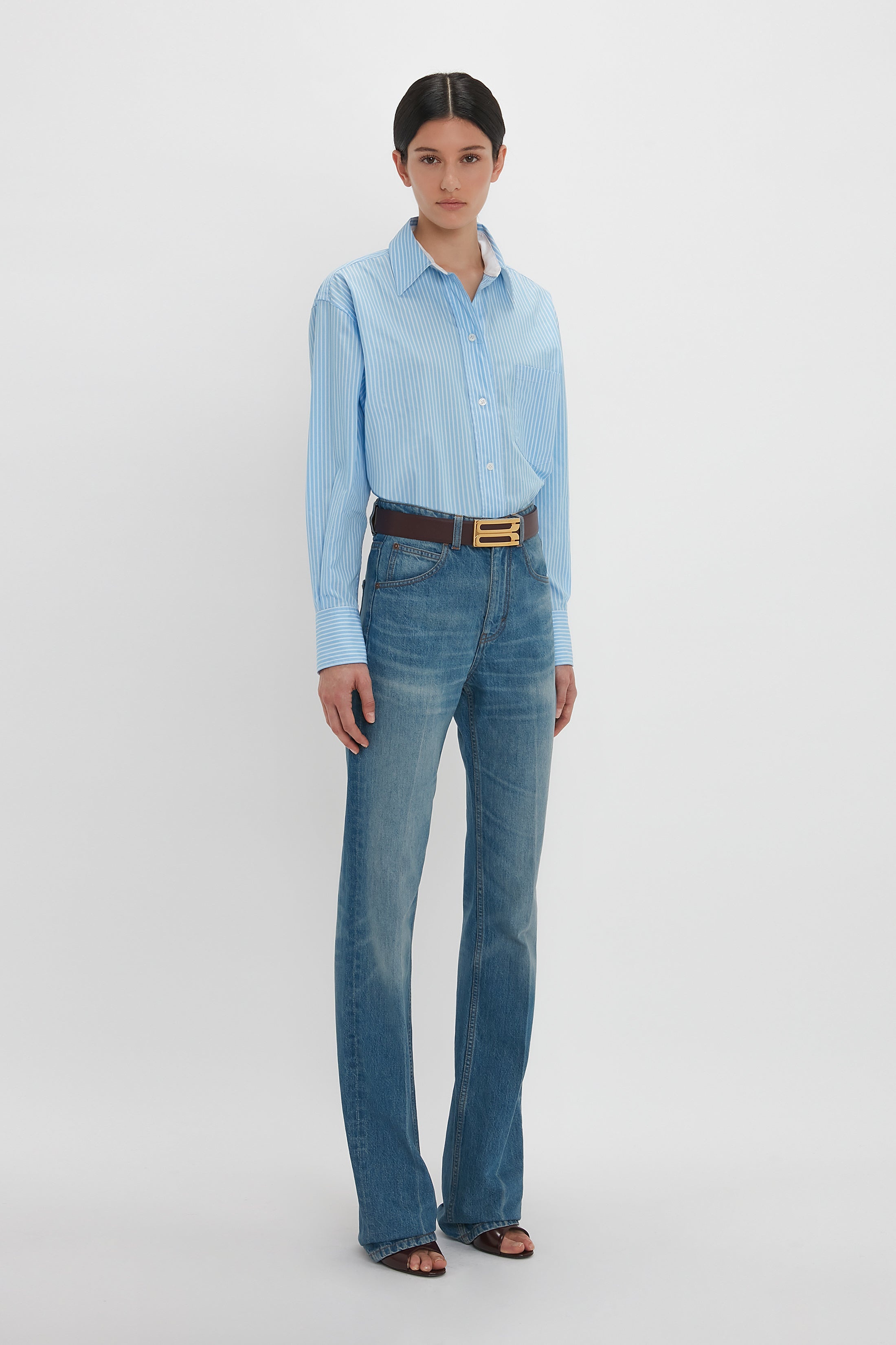 Cropped Long Sleeve Shirt In Marina-White - 4
