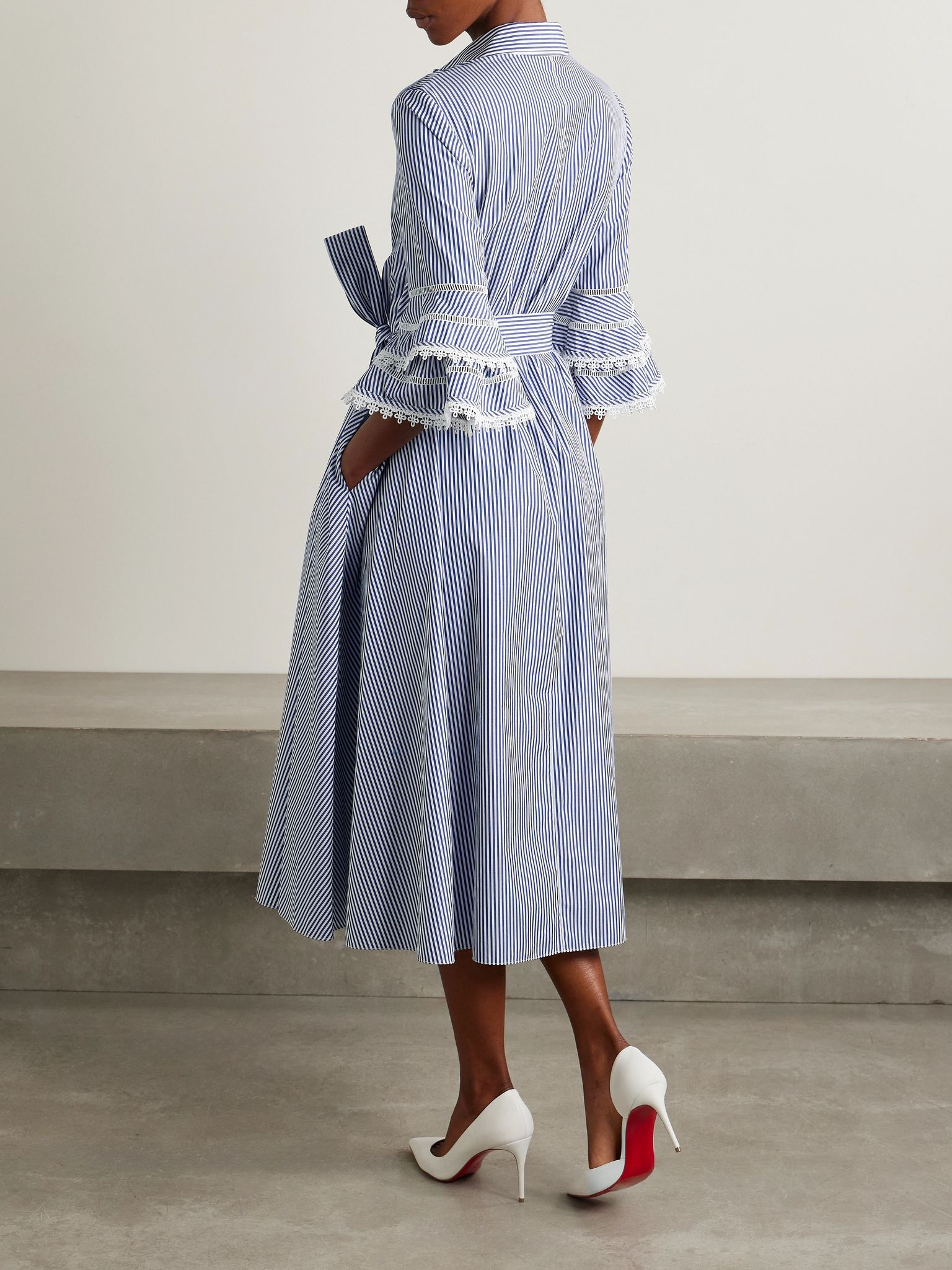 Belted guipure lace-trimmed striped cotton-poplin midi shirt dress Blue - 3