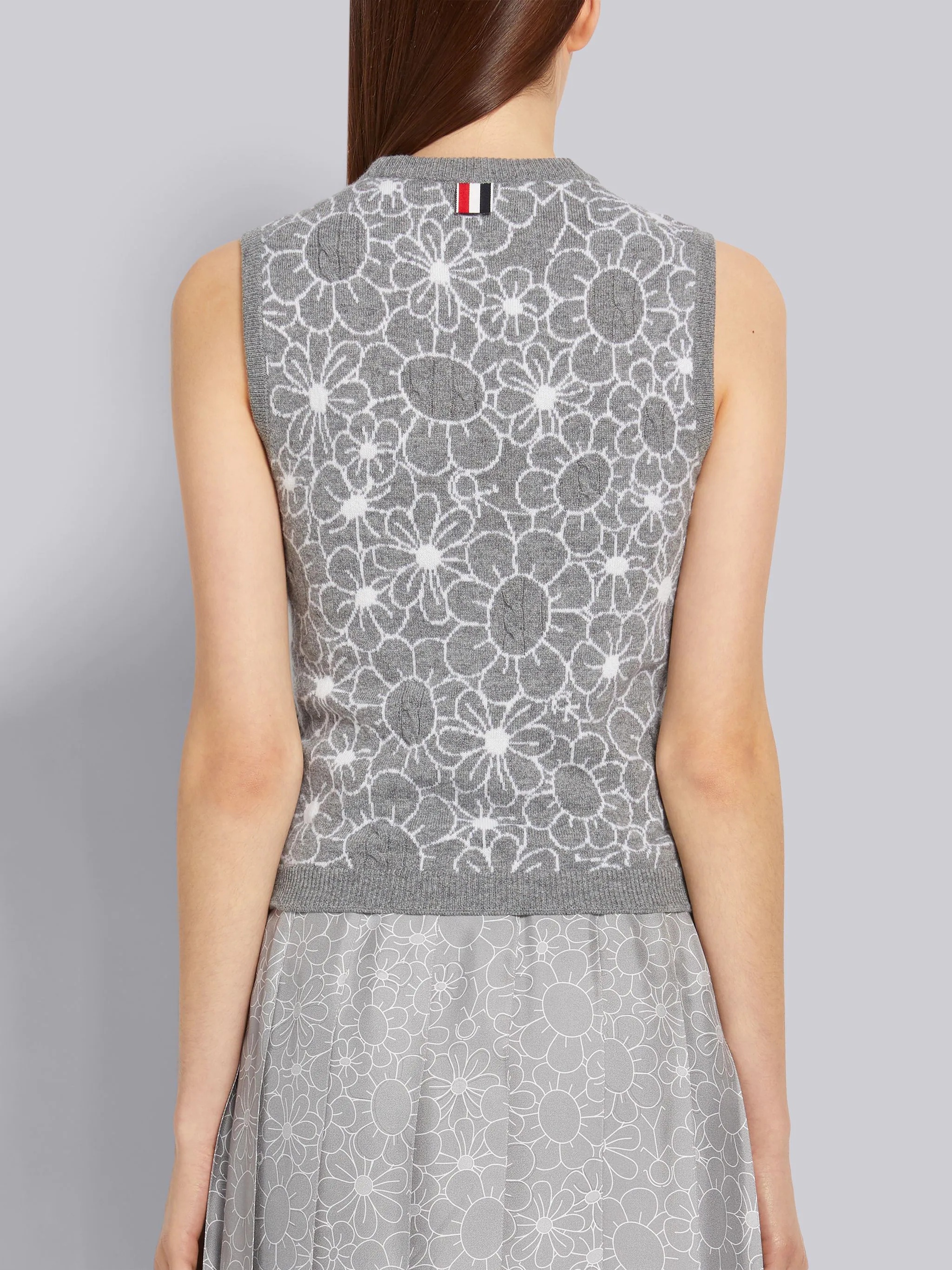 Light Grey Cashmere Floral Toile Intarsia Shell Top - 3