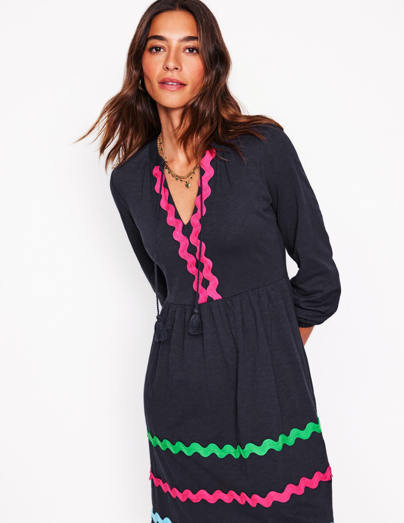 Corinna Ric Rac Jersey Dress-Navy 6