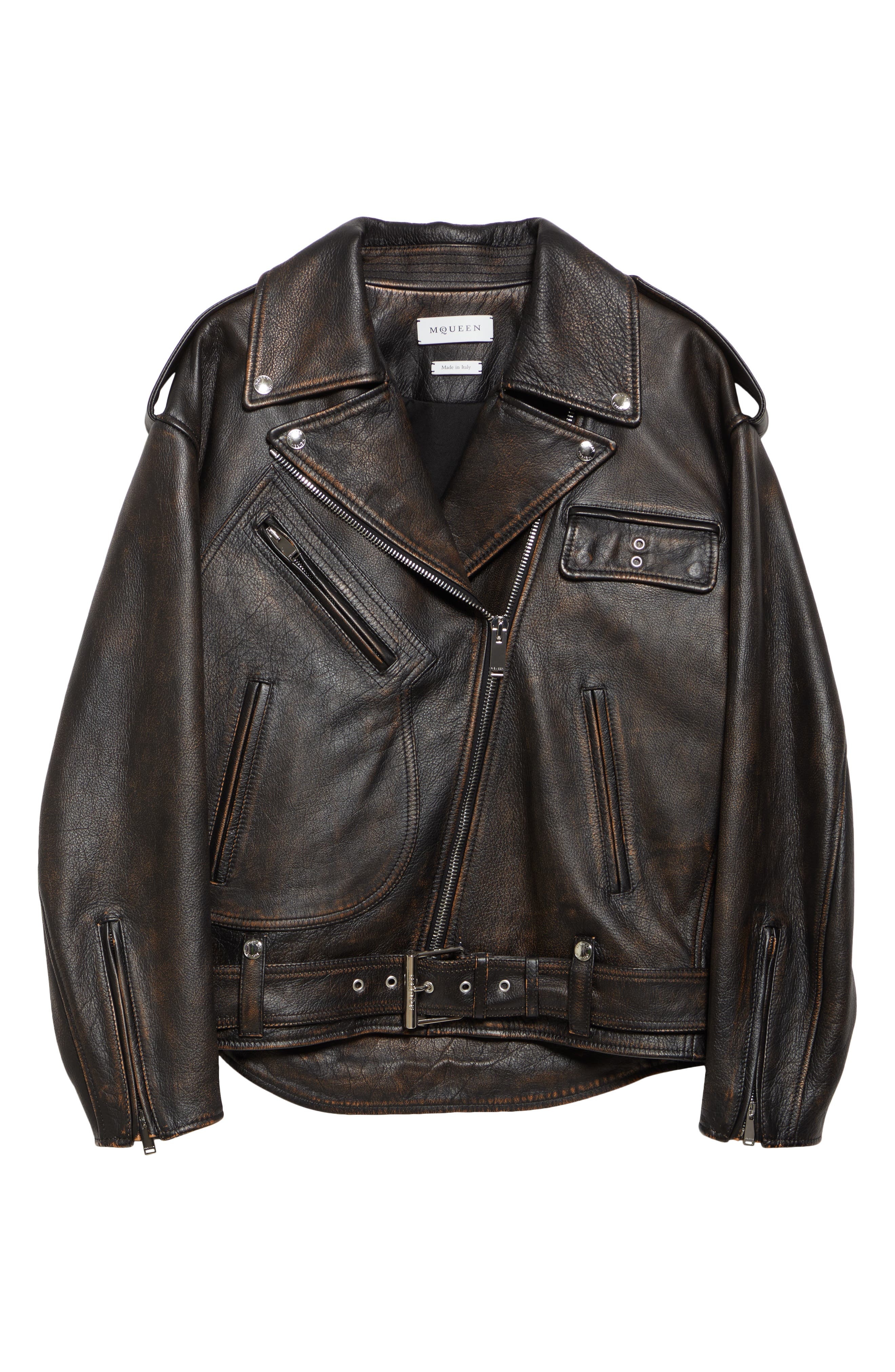 McQueen Distressed Leather Moto Jacket in Dark Brown/Tan at Nordstrom - 6