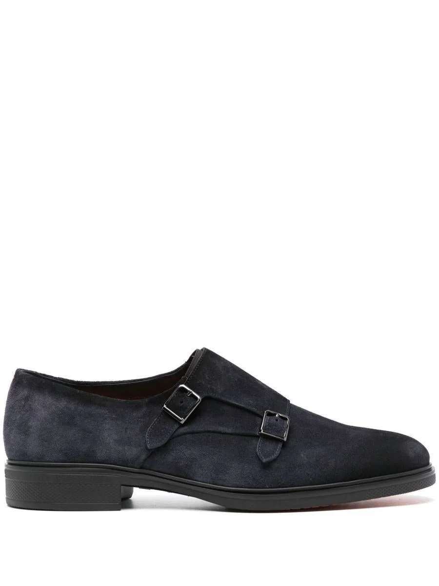 Santoni Blue Suede Loafers With Buckles - 1