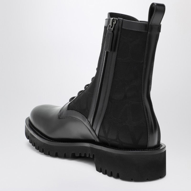 Valentino Garavani Black Combat Boot In Technical Fabric And Toile Iconographe Calfskin Men - 2
