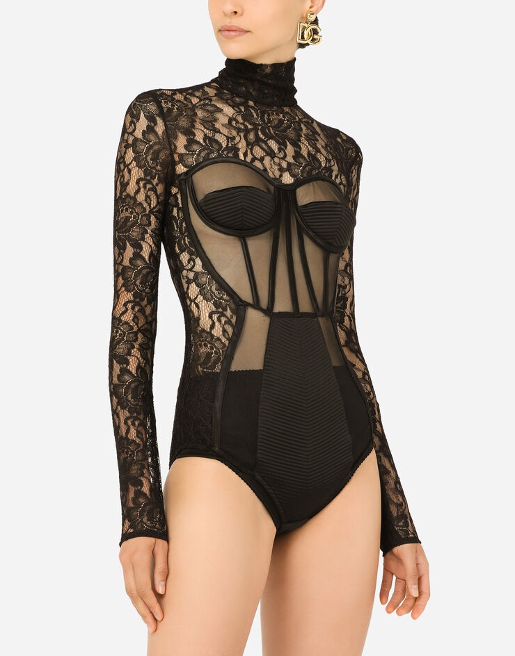 Long-sleeved tulle and lace bodysuit - 4