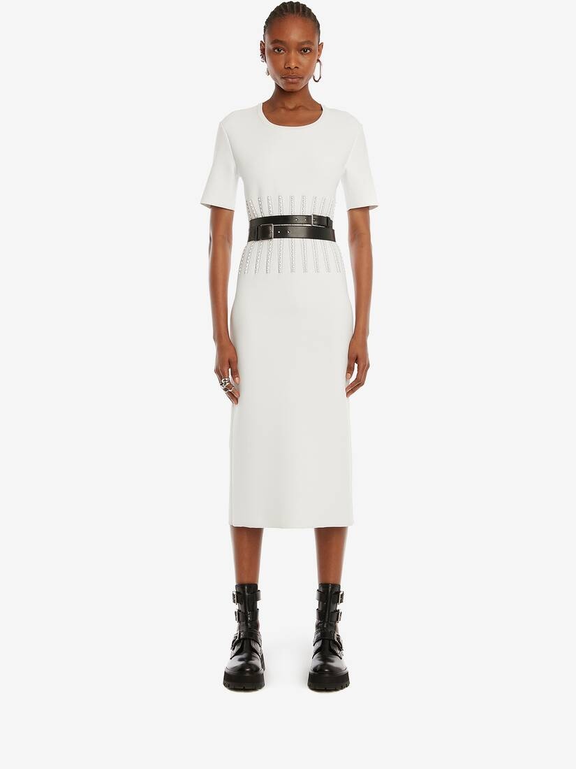 Engineered Jacquard Knit Pencil Dress in Optic White/black - 2