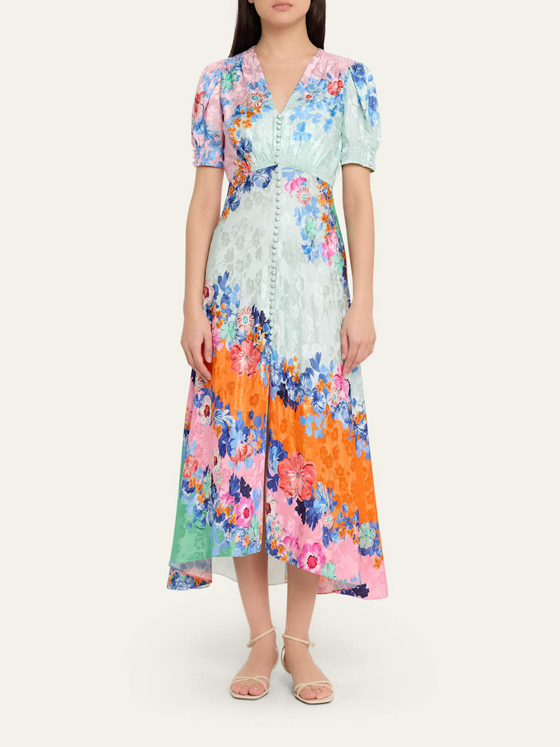 SALONI Lea Floral Silk Jacquard Button-Front Midi Dress outlook