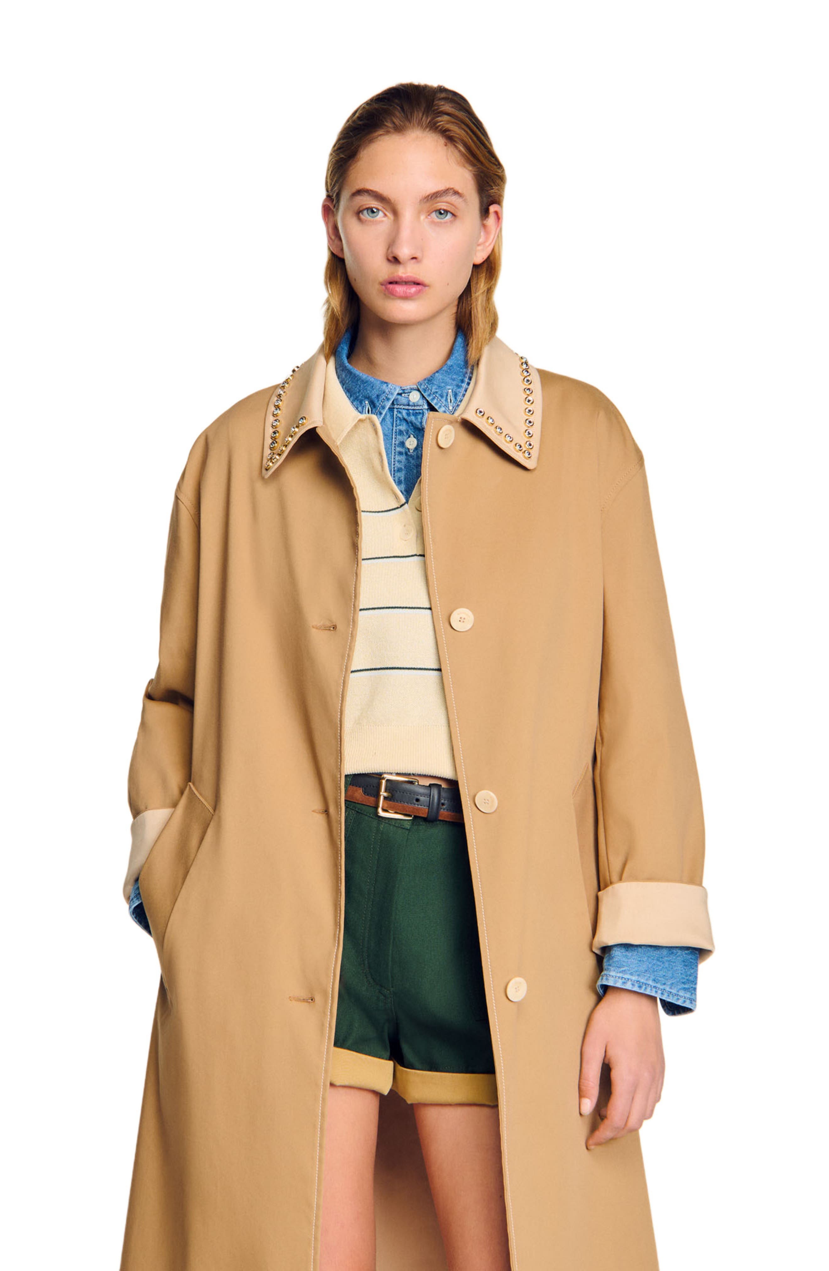 SANDRO Trench coat with rhinestone collar in Camel at Nordstrom - 3