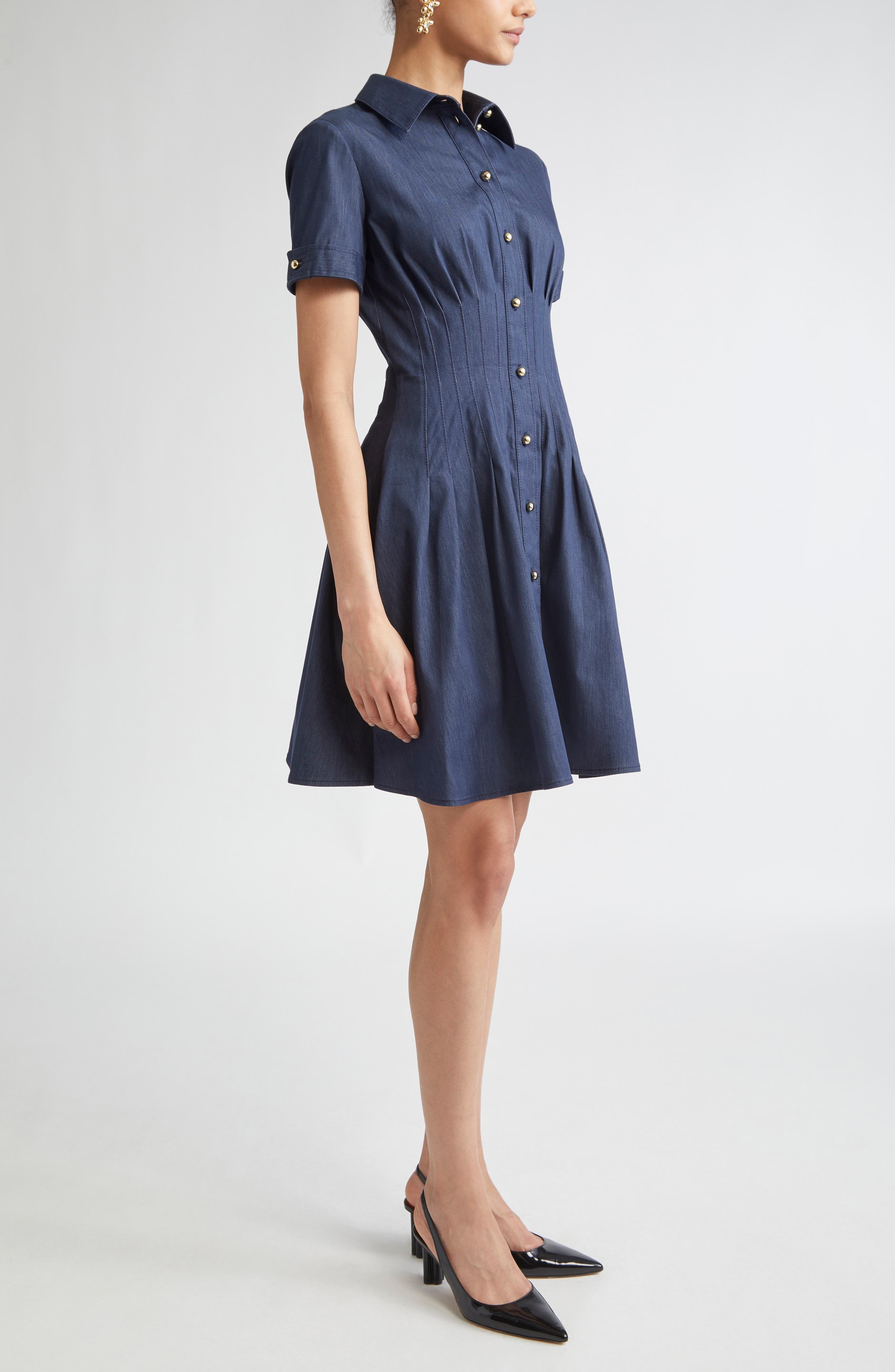 Carolina Herrera Pintuck Waist Stretch Denim Shirtdress in Dark Navy at Nordstrom - 3