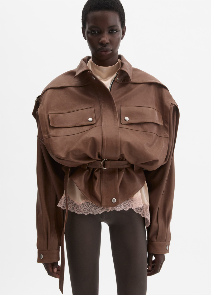 MAGDA BUTRYM Oversized belted leather jacket in brown outlook