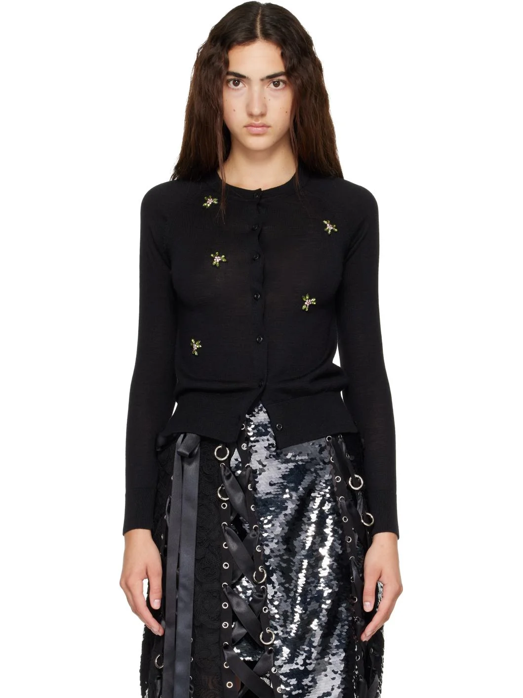 Black Turbo Embellished Classic Merino Silk Cardigan - 1