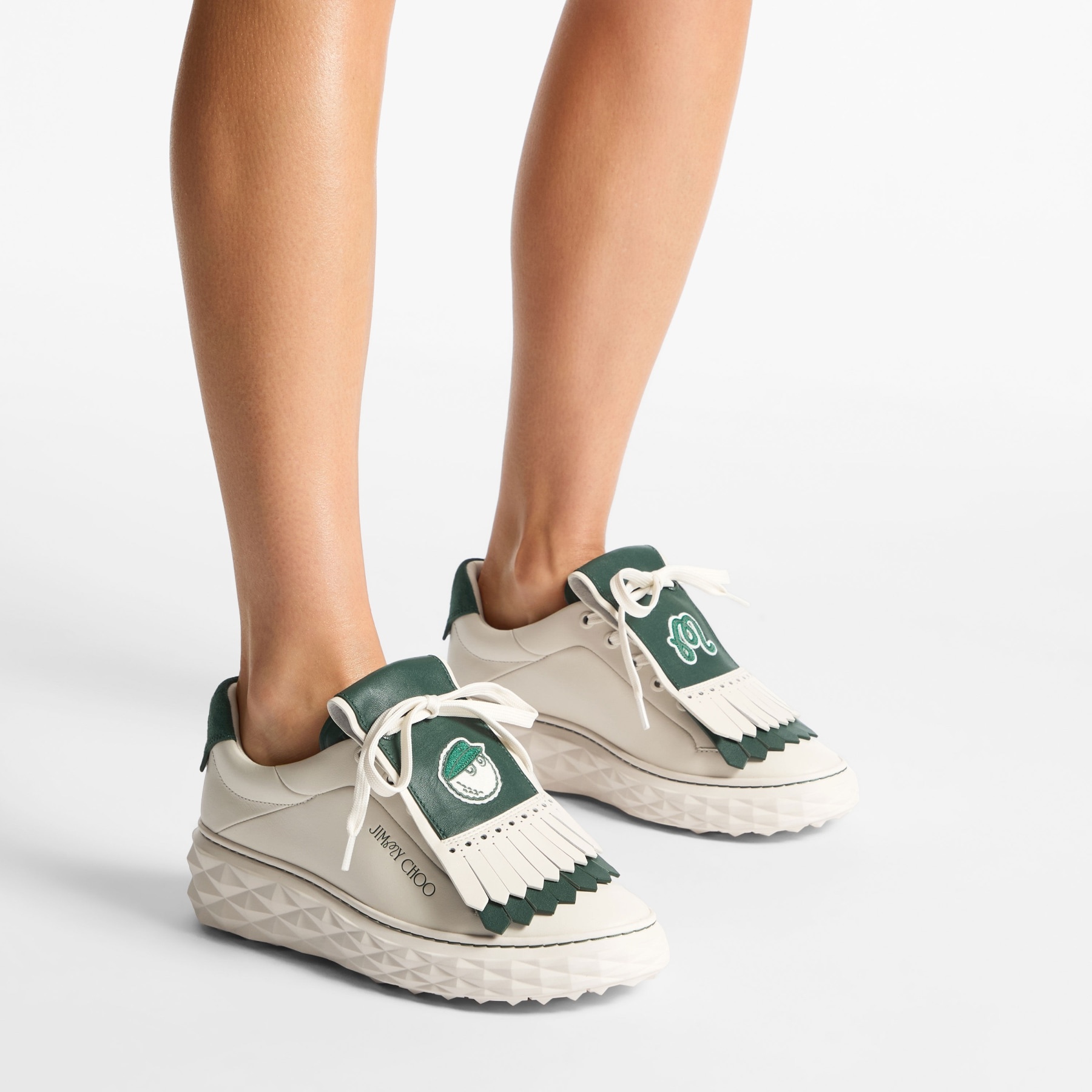 Jimmy Choo / Malbon 2.0 Diamond F 
Women's Latte Leather and Malbon Green Trainers with Detachable K - 2