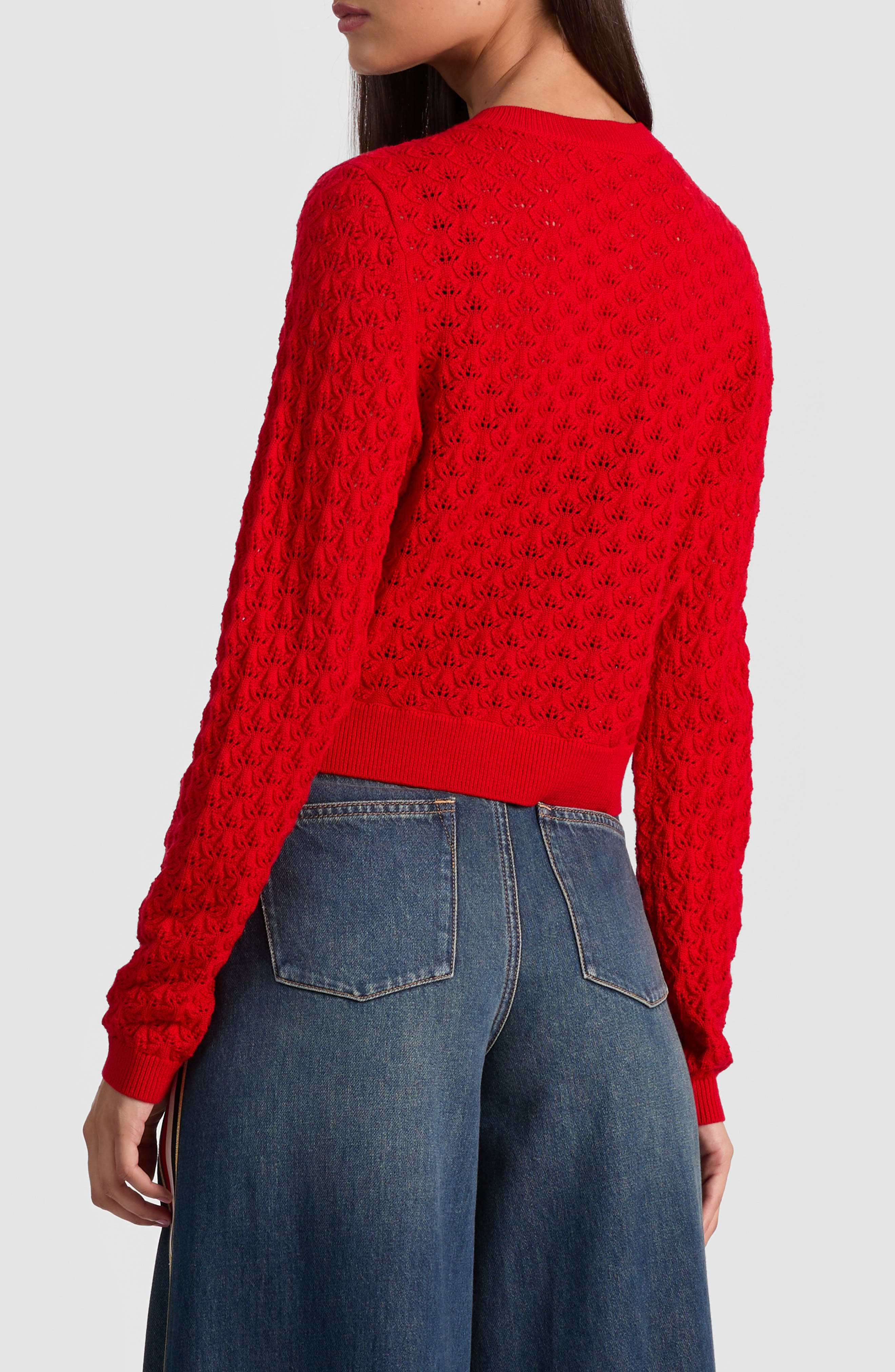 Alice + Olivia Dollie Pointelle Wool Blend Bow Accent Cardigan in Perfect Ruby at Nordstrom - 2