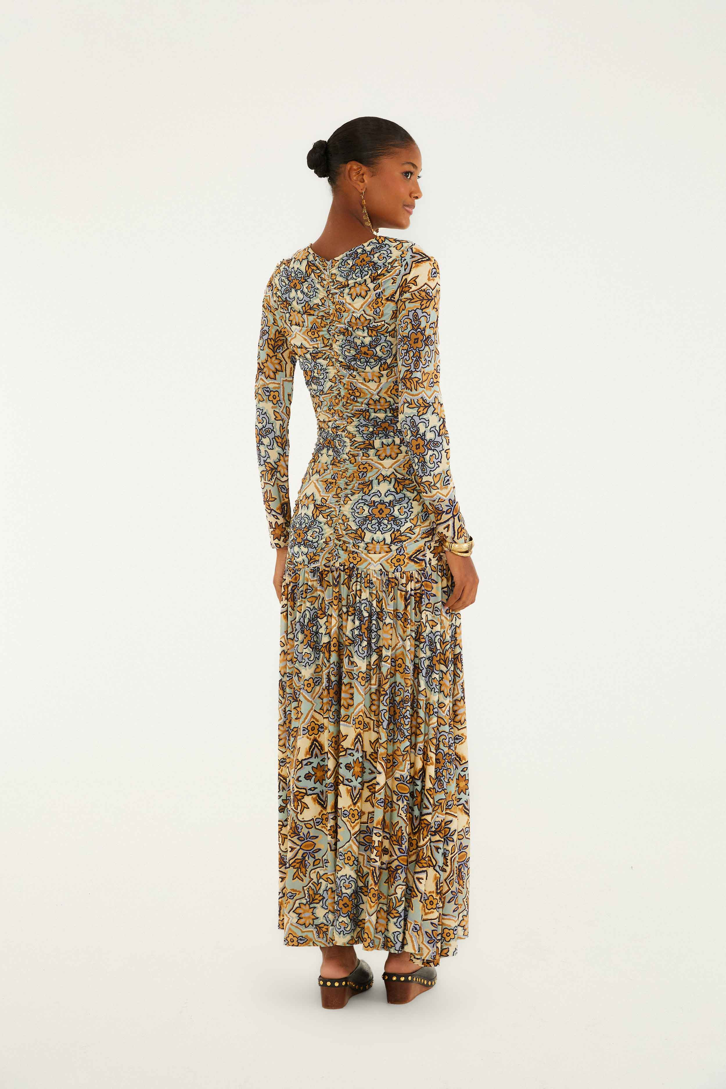 Blue Winter Tapestry Long Sleeve Maxi Dress - 4